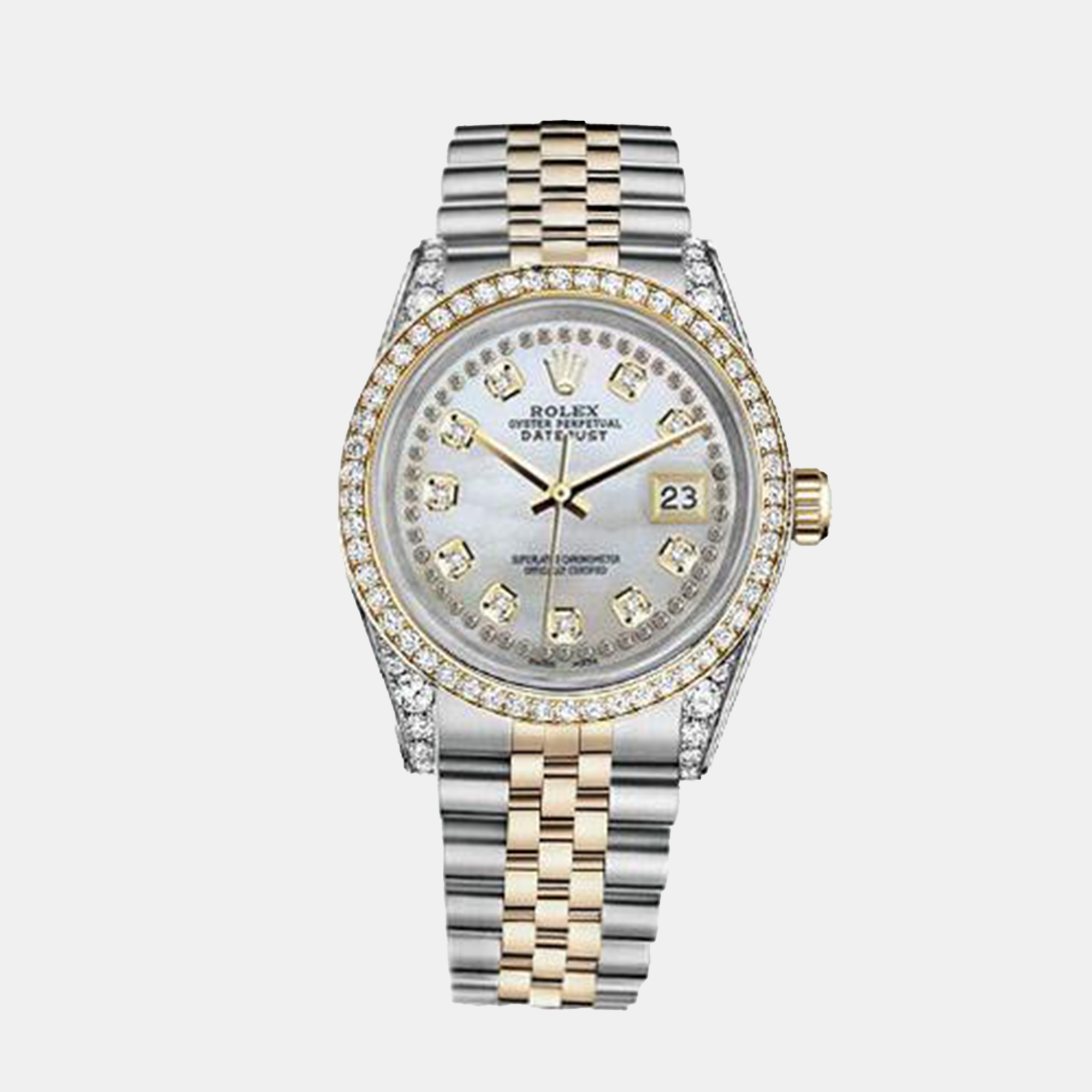 Rolex Customised White MOP Diamond 18K Yellow Gold Stainless Steel Datejust 116233 Automatic Men's Wristwatch
Rolex Customised White MOP Diamond 18K Yellow Gold Stainless Steel Datejust 116233 Automatic Men's Wristwatch