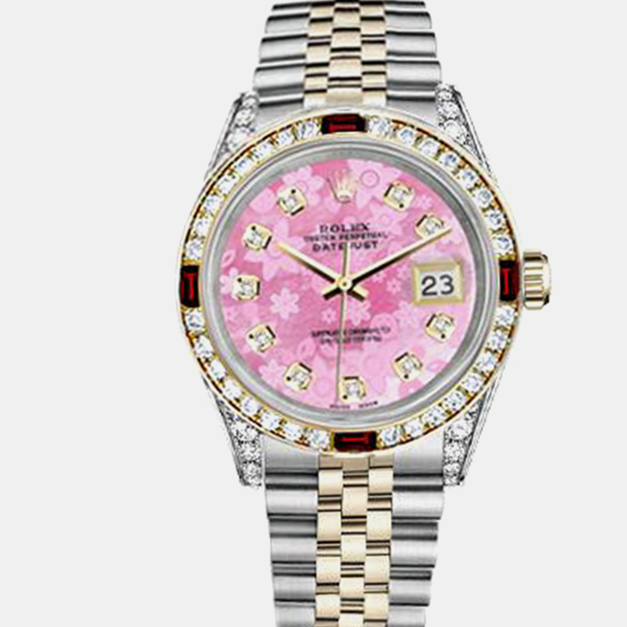 Rolex Customised Pink MOP Diamond 18K Yellow Gold Stainless Steel Datejust 16013 Automatic Men's Wristwatch
Rolex Customised Pink MOP Diamond 18K Yellow Gold Stainless Steel Datejust 16013 Automatic Men's Wristwatch