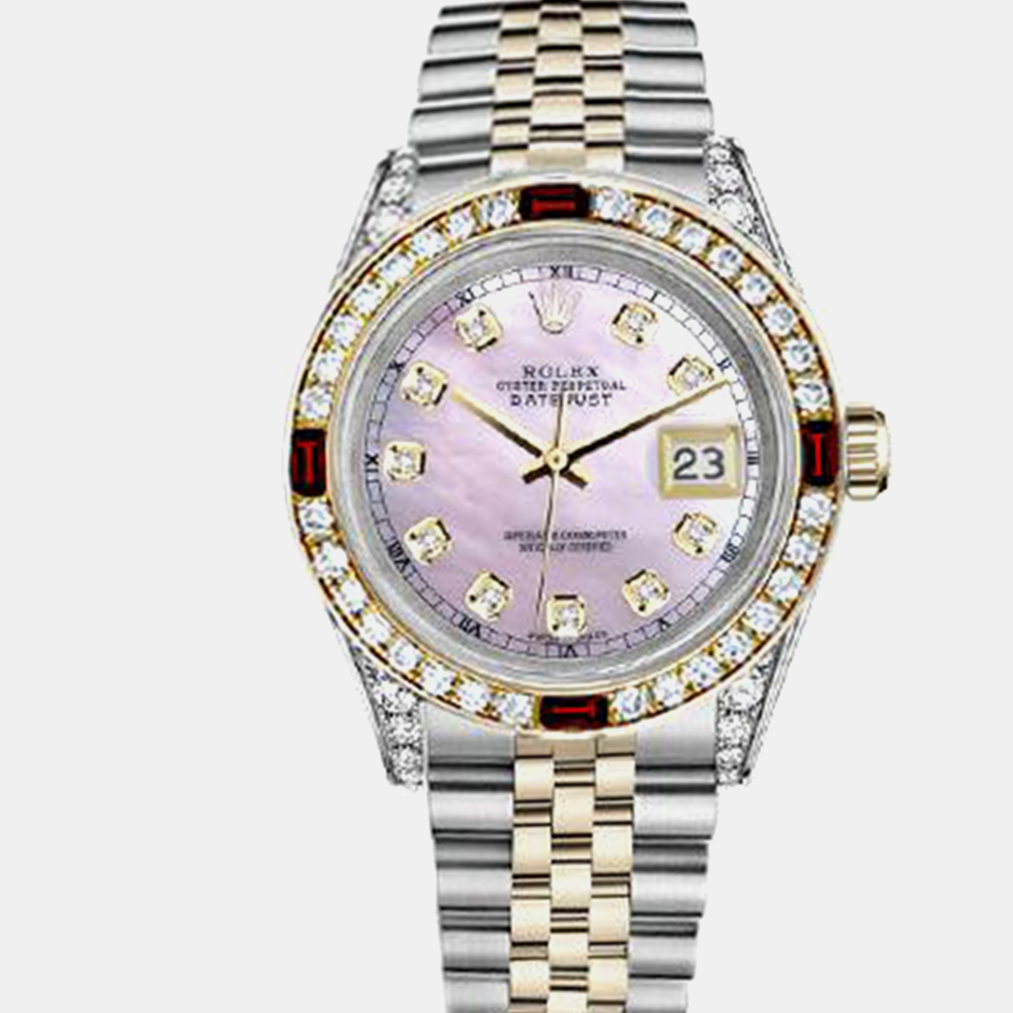 Rolex Customised Pink MOP Diamond 18K Yellow Gold Stainless Steel Datejust 16013 Automatic Men's Wristwatch
Rolex Customised Pink MOP Diamond 18K Yellow Gold Stainless Steel Datejust 16013 Automatic Men's Wristwatch
