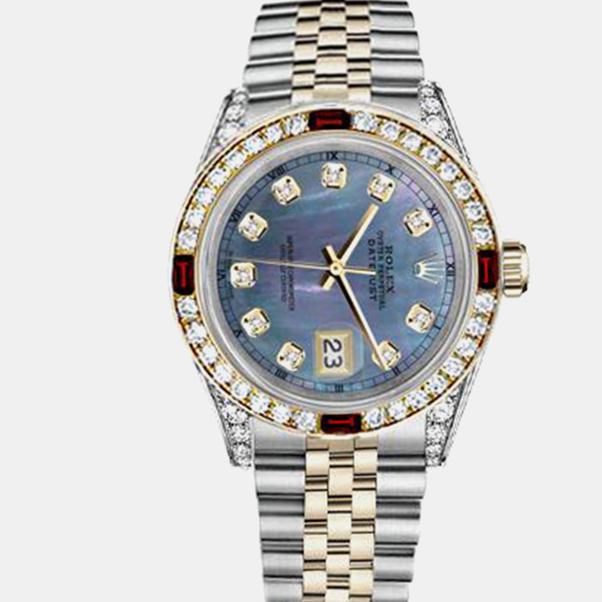 Rolex Customised Tahitian MOP Diamond 18K Yellow Gold Stainless Steel Datejust 16013 Automatic Men's Wristwatch, Blue
Rolex Customised Tahitian MOP Diamond 18K Yellow Gold Stainless Steel Datejust 16013 Automatic Men's Wristwatch, Blue