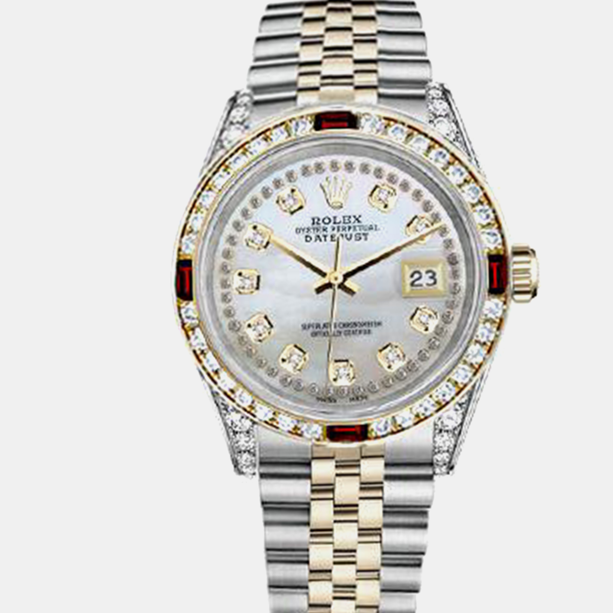 Rolex Customised White MOP Diamond 18K Yellow Gold Stainless Steel Datejust 16013 Automatic Men's Wristwatch
Rolex Customised White MOP Diamond 18K Yellow Gold Stainless Steel Datejust 16013 Automatic Men's Wristwatch