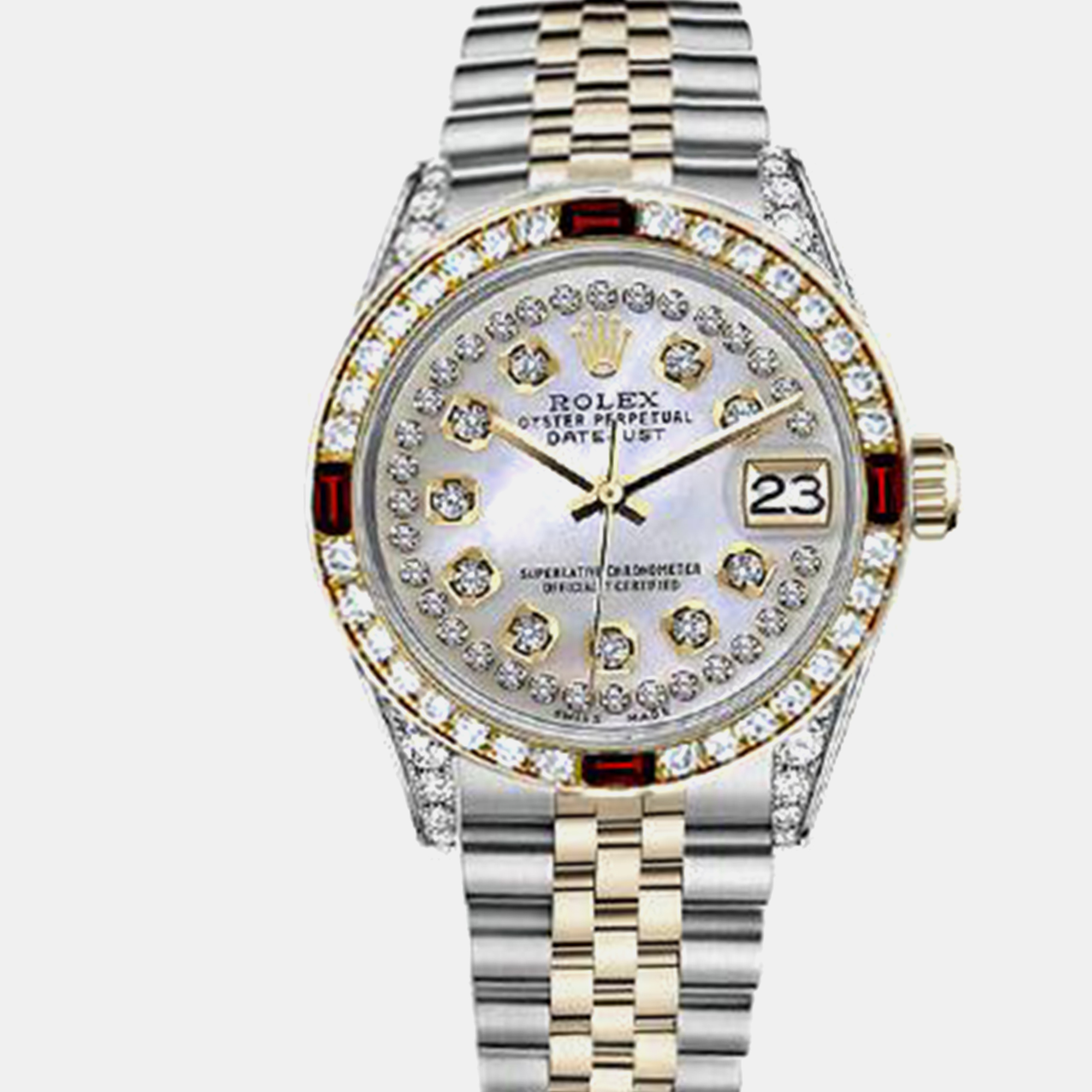 Rolex Customised White MOP Diamond 18K Yellow Gold Stainless Steel Datejust 16013 Automatic Men's Wristwatch
Rolex Customised White MOP Diamond 18K Yellow Gold Stainless Steel Datejust 16013 Automatic Men's Wristwatch