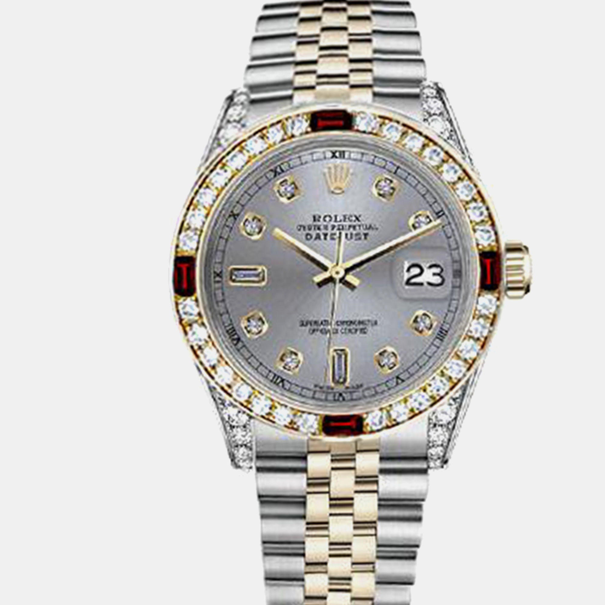 Rolex Customised Grey Diamond 18K Yellow Gold Stainless Steel Datejust 16013 Automatic Men's Wristwatch
Rolex Customised Grey Diamond 18K Yellow Gold Stainless Steel Datejust 16013 Automatic Men's Wristwatch