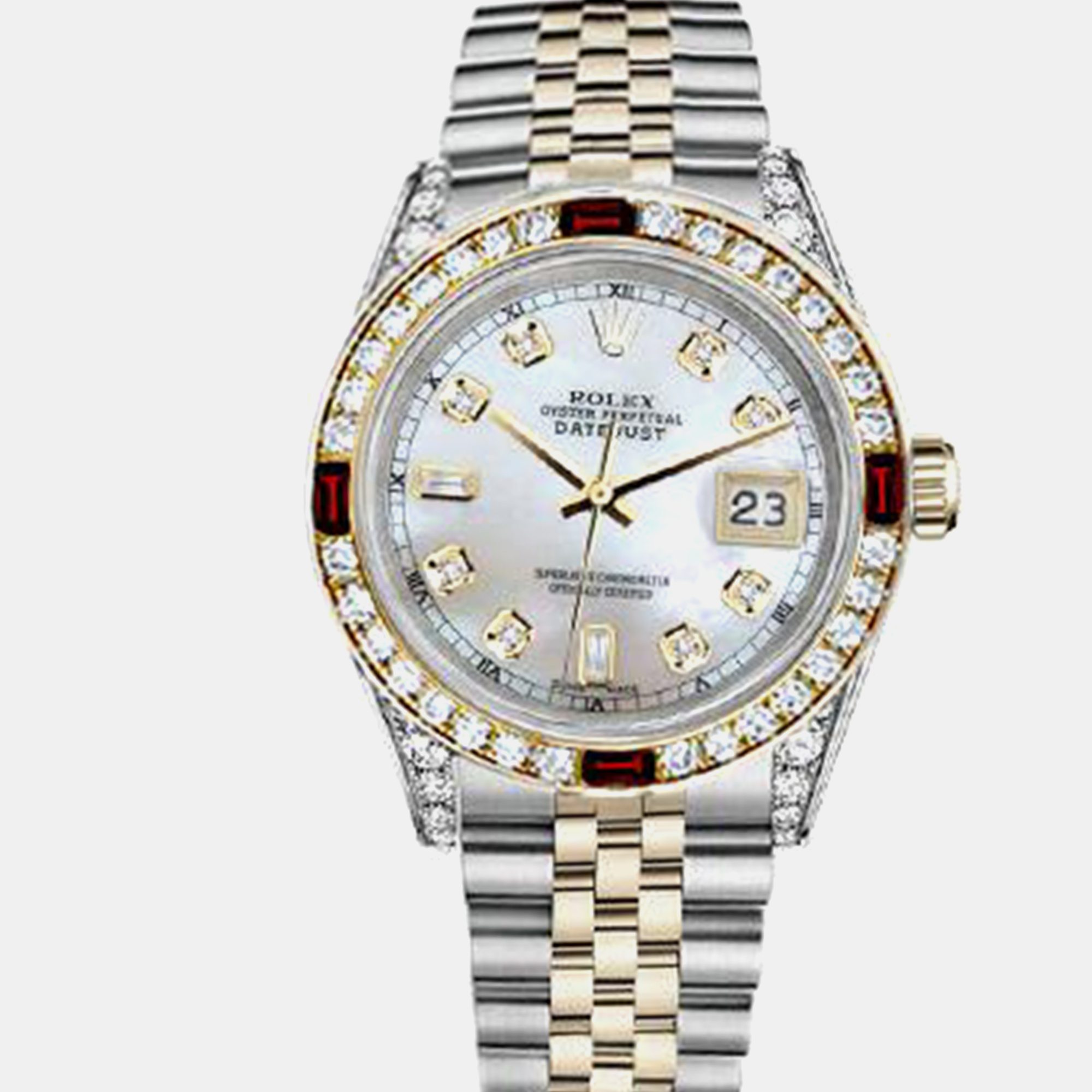 Rolex Customised White MOP Diamond 18K Yellow Gold Stainless Steel Datejust 16013 Automatic Men's Wristwatch, Silver
Rolex Customised White MOP Diamond 18K Yellow Gold Stainless Steel Datejust 16013 Automatic Men's Wristwatch, Silver