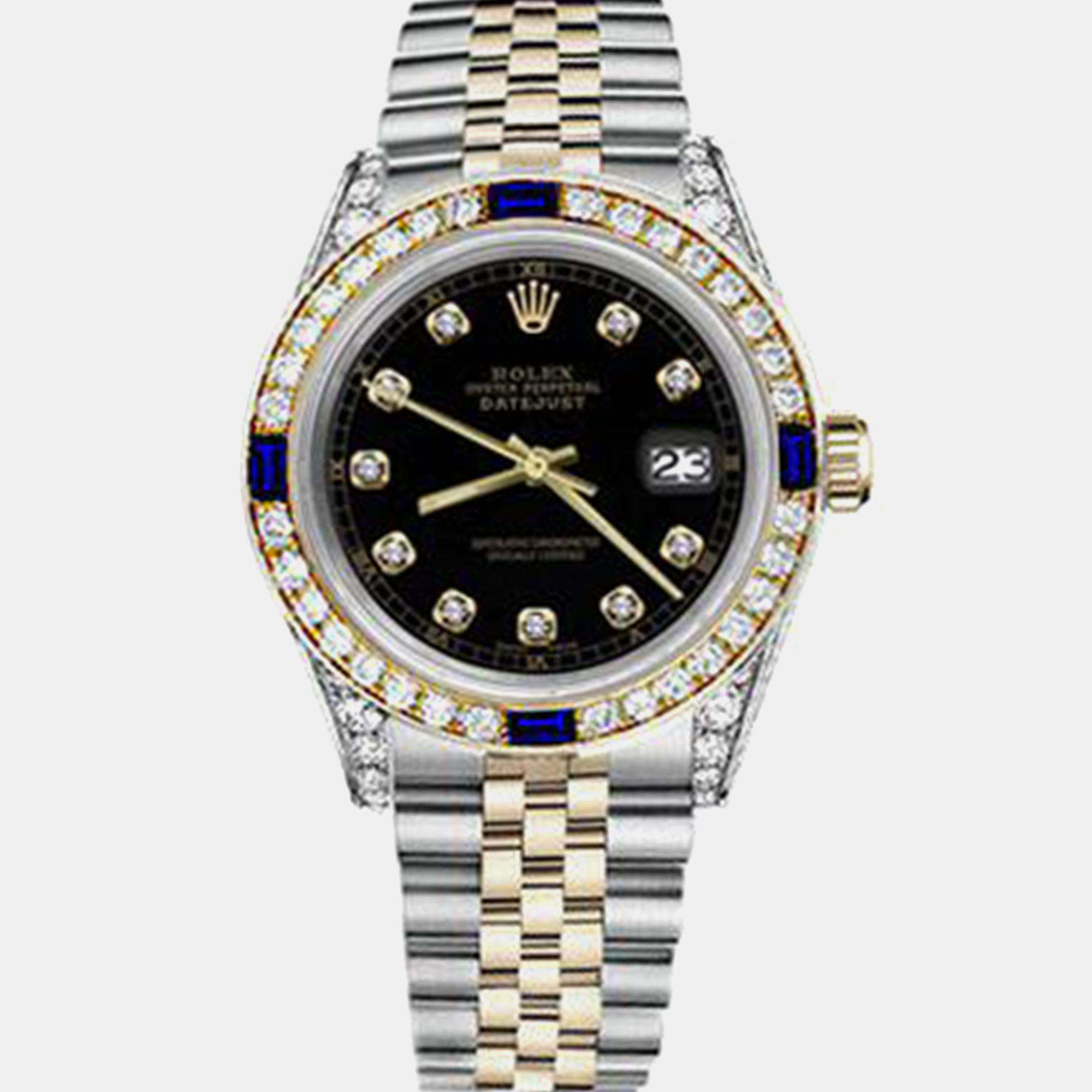 Rolex Customised Black Diamond 18K Yellow Gold Stainless Steel Datejust 16013 Automatic Men's Wristwatch
Rolex Customised Black Diamond 18K Yellow Gold Stainless Steel Datejust 16013 Automatic Men's Wristwatch