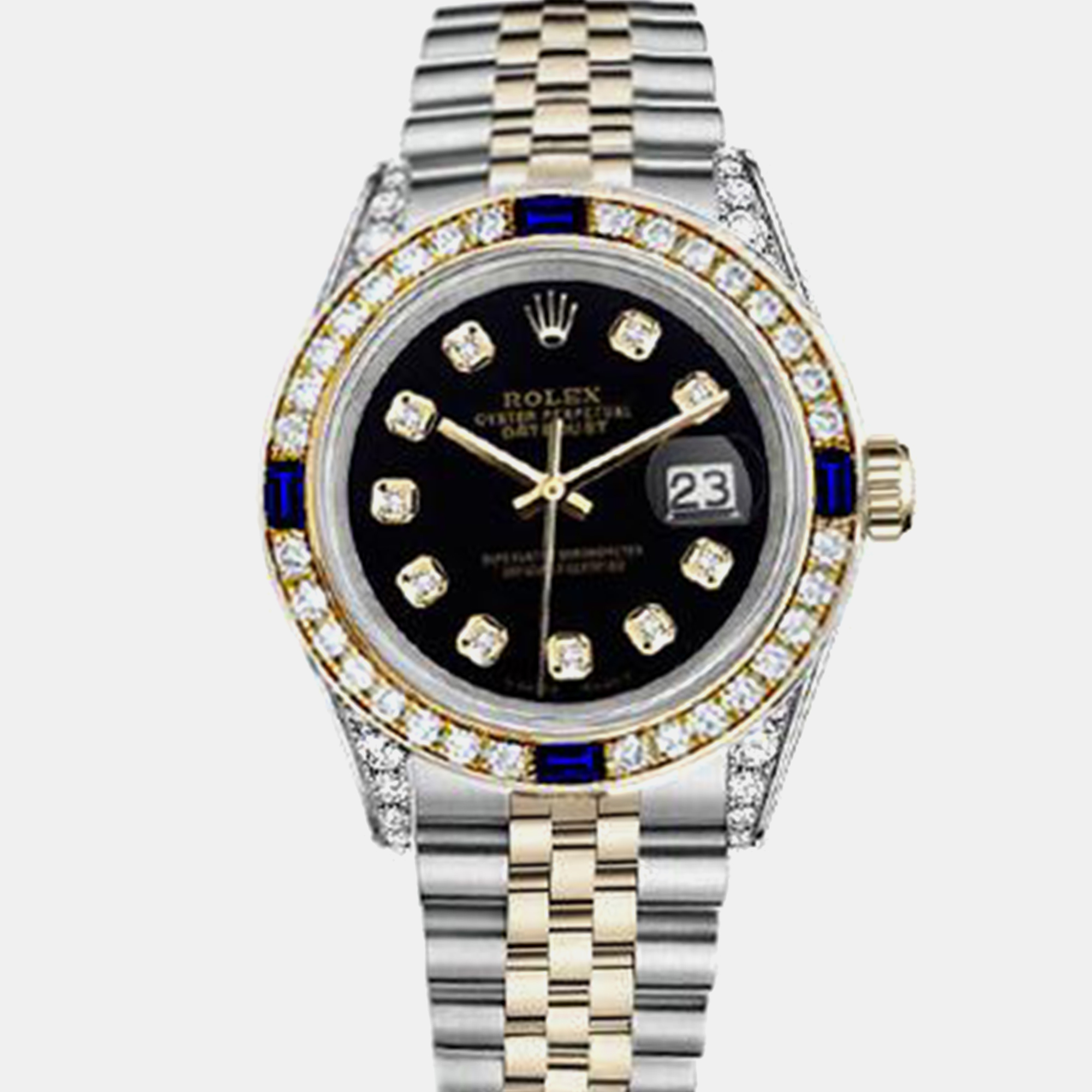 Rolex Customised Black Diamond 18K Yellow Gold Stainless Steel Datejust 16013 Automatic Men's Wristwatch
Rolex Customised Black Diamond 18K Yellow Gold Stainless Steel Datejust 16013 Automatic Men's Wristwatch