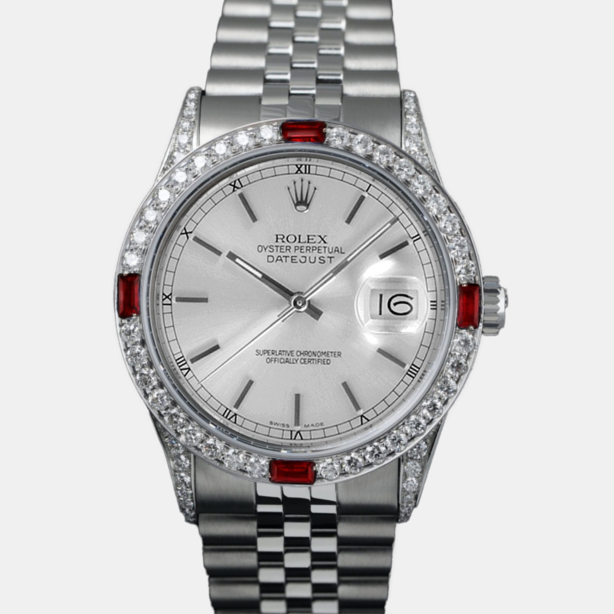 Rolex Customised Silver Diamond Stainless Steel Datejust 16014 Automatic Men's Wristwatch
Rolex Customised Silver Diamond Stainless Steel Datejust 16014 Automatic Men's Wristwatch