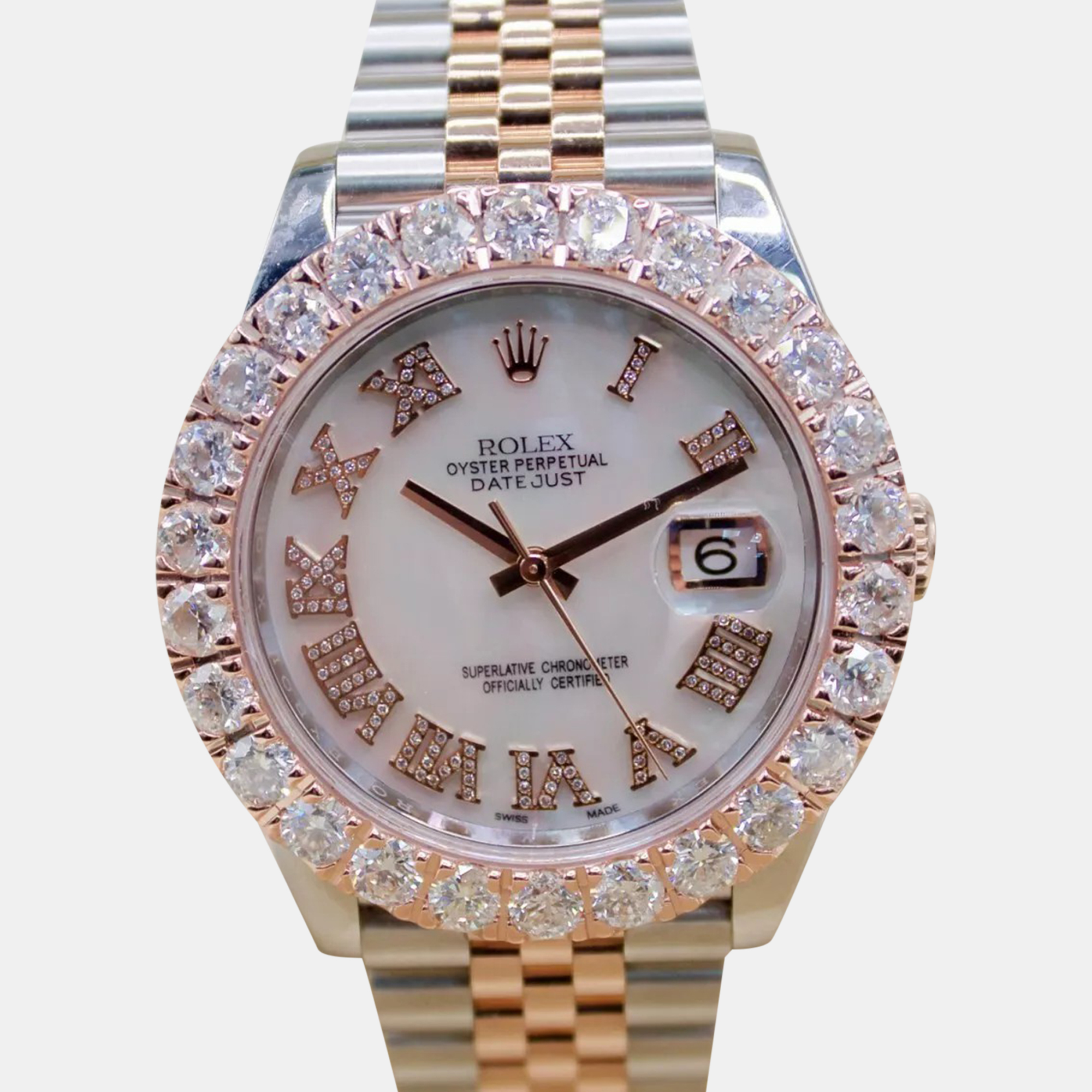 Rolex MOP Customised 7ct Diamond 18k Rose Gold Stainless Steel Datejust 126331 Automatic Men's Wristwatch 41 mm, Silver
Rolex MOP Customised 7ct Diamond 18k Rose Gold Stainless Steel Datejust 126331 Automatic Men's Wristwatch 41 mm, Silver