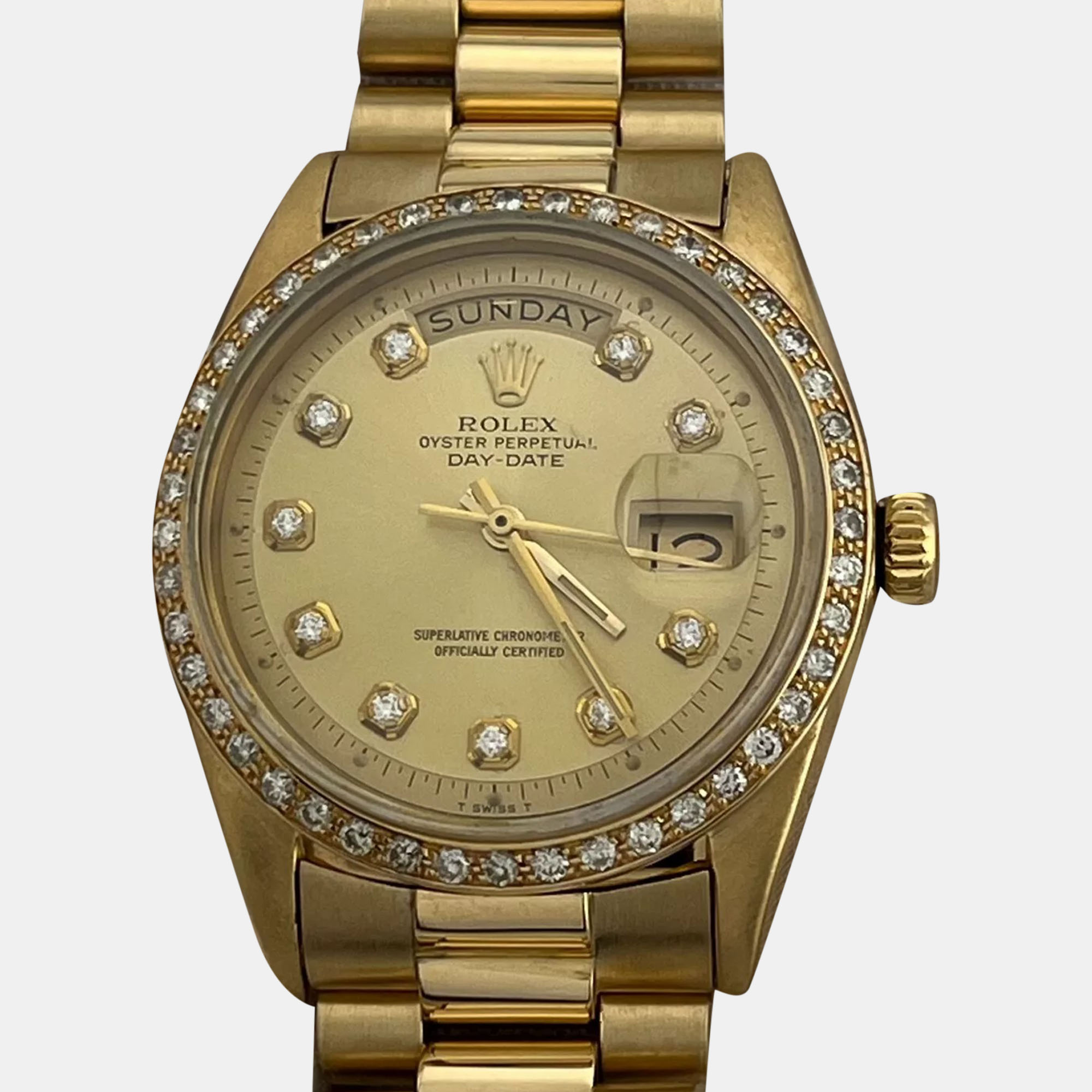 Rolex Champagne Diamond 18k Yellow Gold Day-Date President 1803 Automatic Men's Wristwatch 36 mm
Rolex Champagne Diamond 18k Yellow Gold Day-Date President 1803 Automatic Men's Wristwatch 36 mm