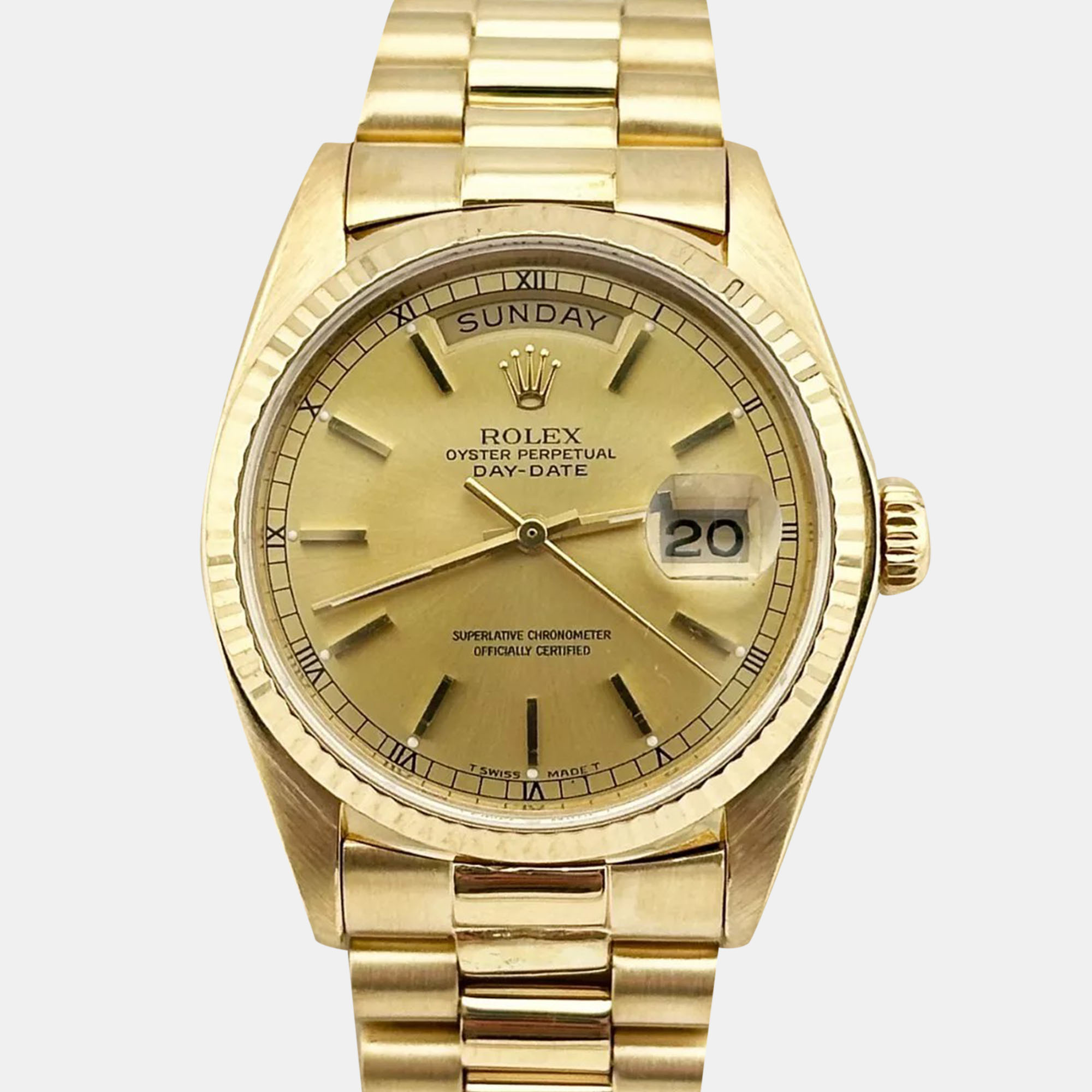 Rolex Champagne 18k Yellow Gold Day-Date President 18038 Automatic Men's Wristwatch 36 mm
Rolex Champagne 18k Yellow Gold Day-Date President 18038 Automatic Men's Wristwatch 36 mm