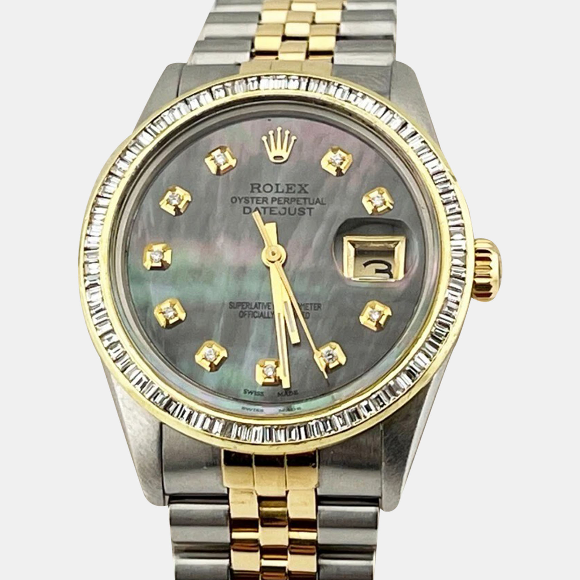Rolex Black MOP Customised Diamond 18k Yellow Gold Stainless Steel Datejust 16013 Automatic Men's Wristwatch 36 mm
Rolex Black MOP Customised Diamond 18k Yellow Gold Stainless Steel Datejust 16013 Automatic Men's Wristwatch 36 mm