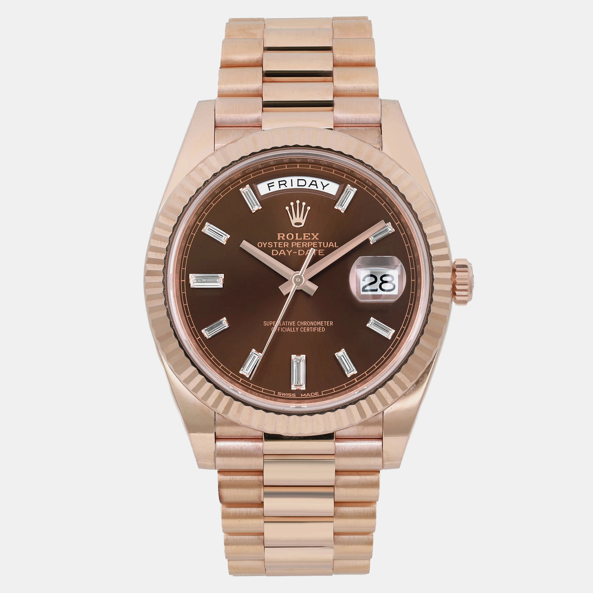Rolex Chocolate Diamond 18K Rose Gold Date 228235 Automatic Men's Wristwatch 40 mm, Brown
Rolex Chocolate Diamond 18K Rose Gold Date 228235 Automatic Men's Wristwatch 40 mm, Brown