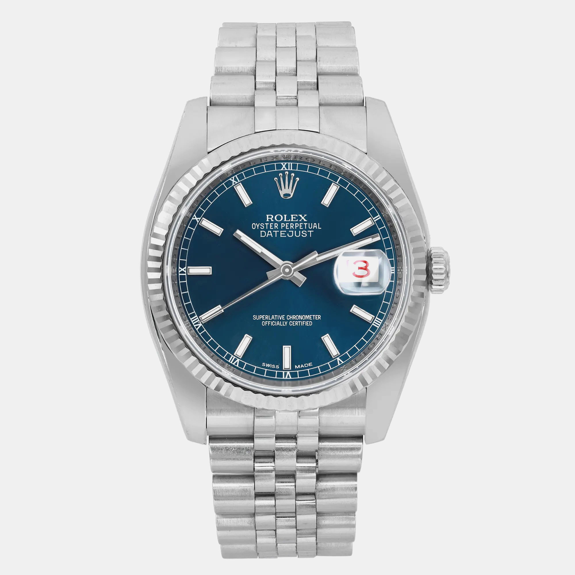 Rolex Blue 18K White Gold Datejust 116234 Automatic Men's Wristwatch 36 mm
Rolex Blue 18K White Gold Datejust 116234 Automatic Men's Wristwatch 36 mm
