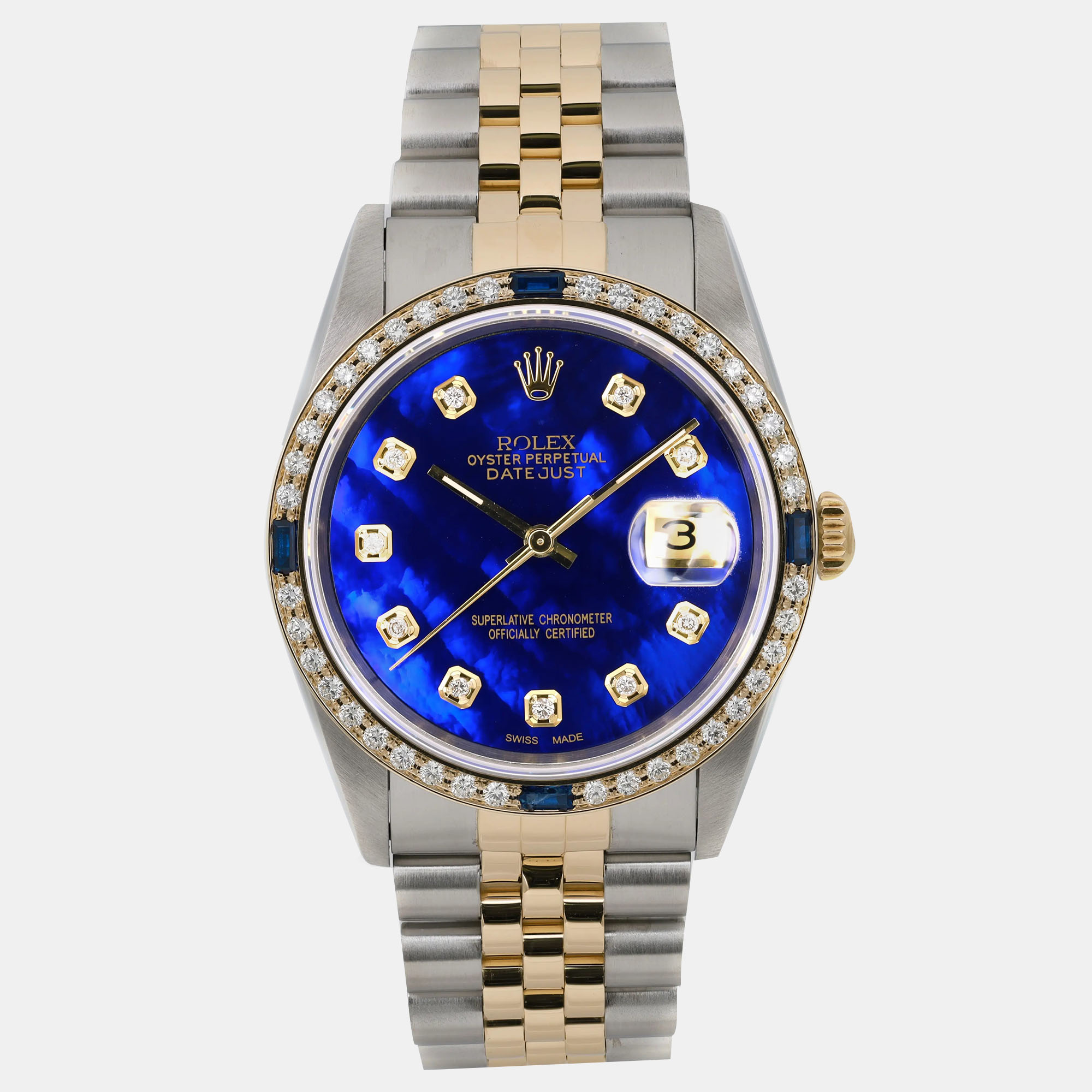 Rolex Custom Blue MOP Diamond 18K Yellow Gold Datejust 16233 Automatic Men's Wristwatch 36 mm
Rolex Custom Blue MOP Diamond 18K Yellow Gold Datejust 16233 Automatic Men's Wristwatch 36 mm