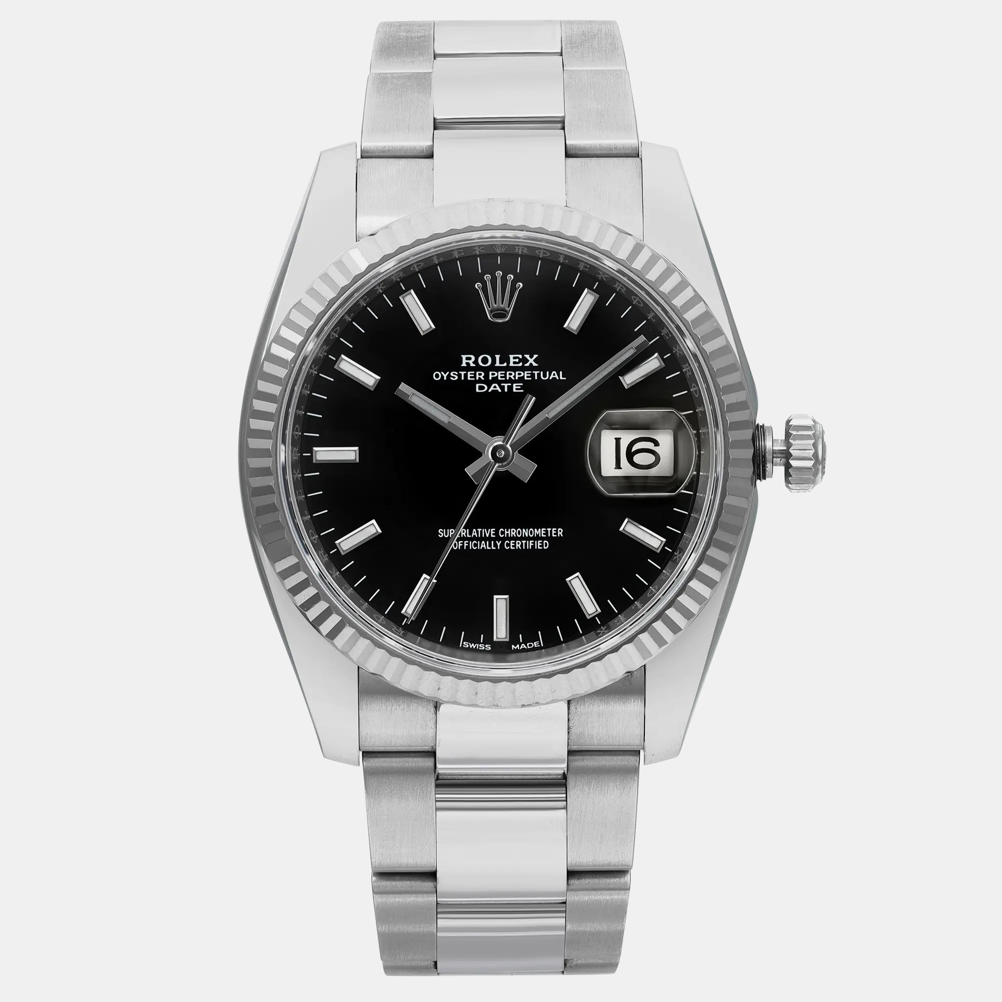 Rolex Black 18K White Gold Oyster Perpetual Date 115234 Automatic Men's Wristwatch 34 mm
Rolex Black 18K White Gold Oyster Perpetual Date 115234 Automatic Men's Wristwatch 34 mm