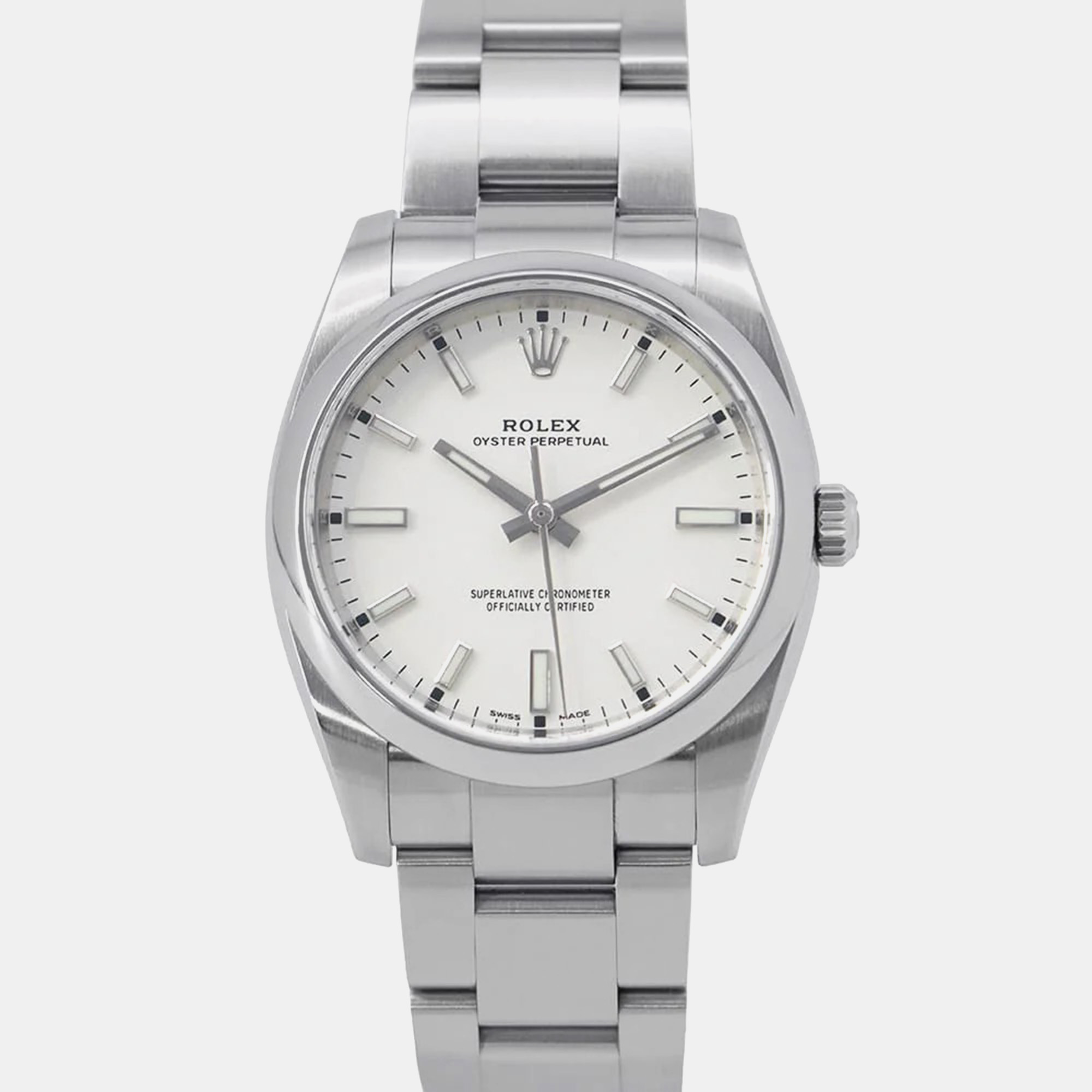 Rolex White Stainless Steel Oyster Perpetual 114200 Automatic Men's Wristwatch
Rolex White Stainless Steel Oyster Perpetual 114200 Automatic Men's Wristwatch