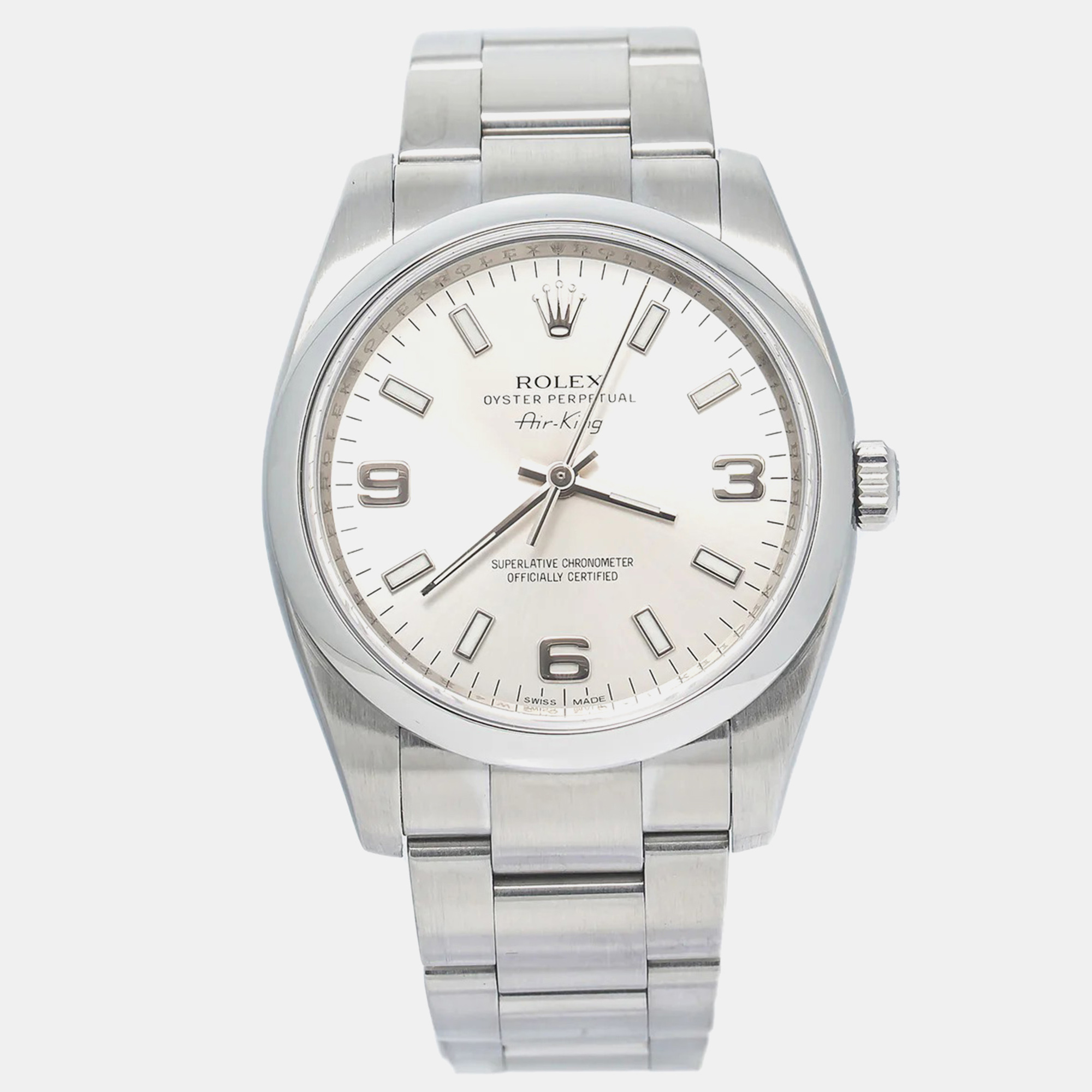 Rolex Silver Stainless Steel Air-King 114200 Automatic Men's Wristwatch
Rolex Silver Stainless Steel Air-King 114200 Automatic Men's Wristwatch
