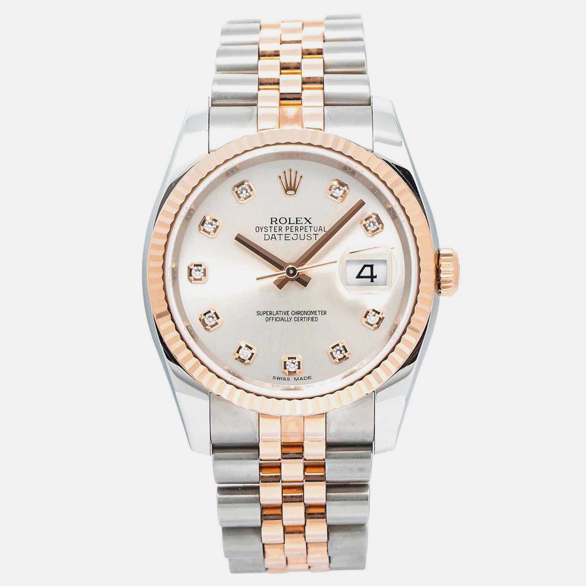 Rolex Silver Rose Gold Stainless Steel Datejust 116231 Automatic Men's Wristwatch
Rolex Silver Rose Gold Stainless Steel Datejust 116231 Automatic Men's Wristwatch