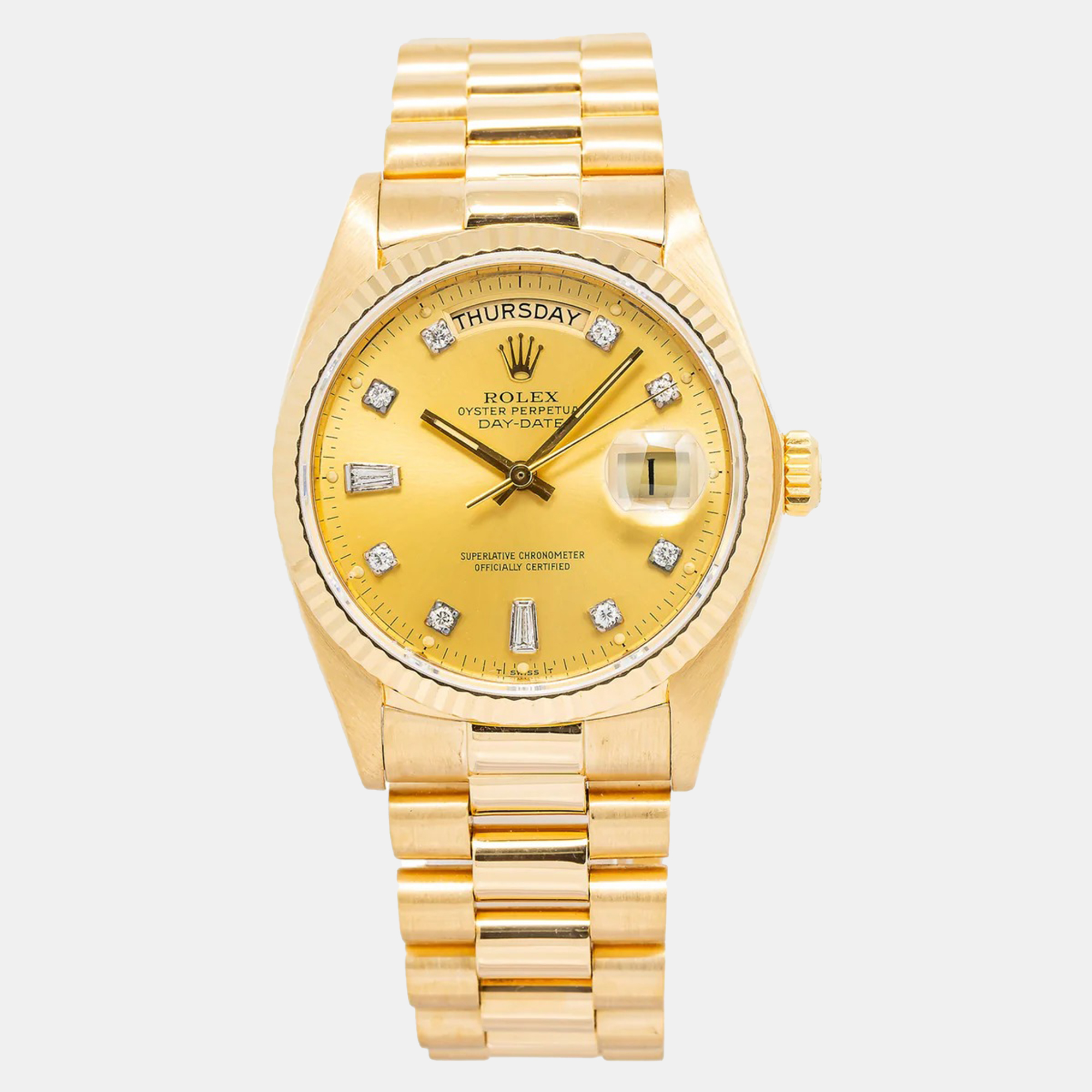 Rolex Day Date 18038 President Automatic Champagne 18k Yellow Gold Diamond Men's Wristwatch 36 mm
Rolex Day Date 18038 President Automatic Champagne 18k Yellow Gold Diamond Men's Wristwatch 36 mm