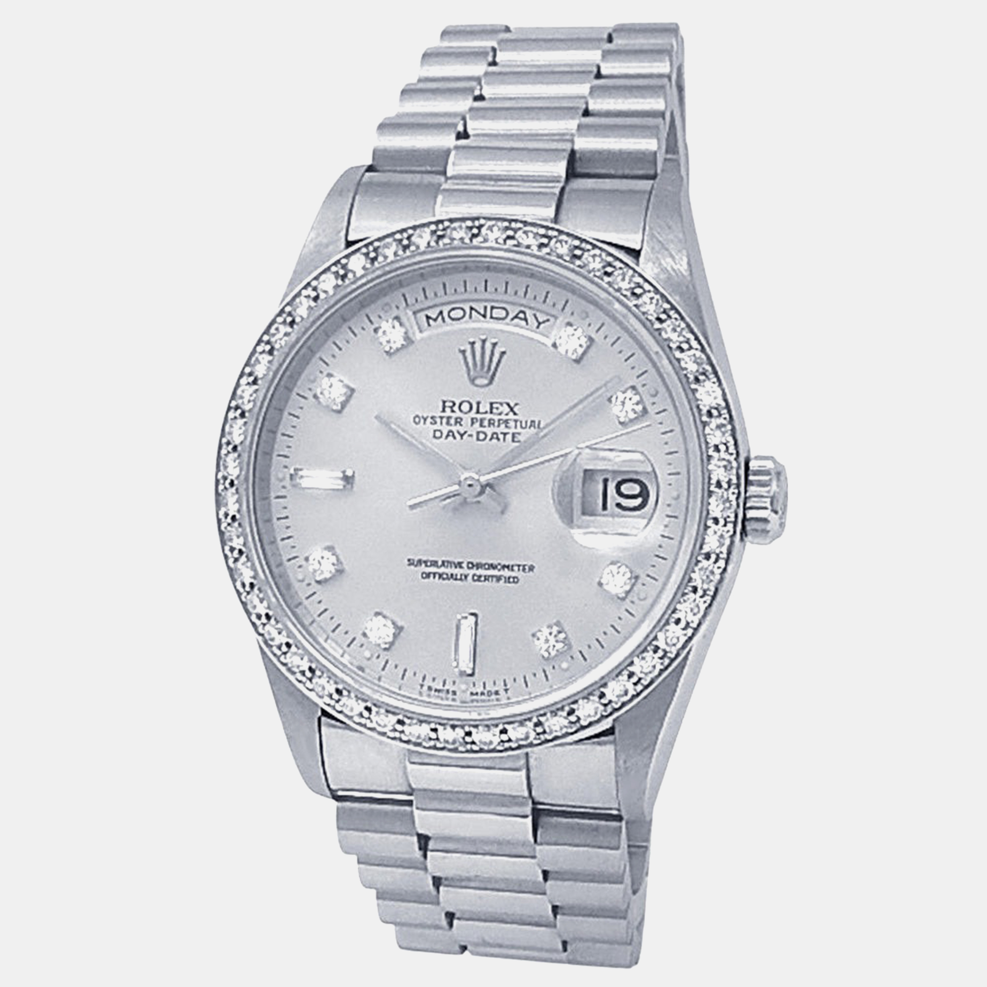 Rolex Day-Date 18346 Automatic Silver 18k White Gold Men's Wristwatch 36 mm
Rolex Day-Date 18346 Automatic Silver 18k White Gold Men's Wristwatch 36 mm