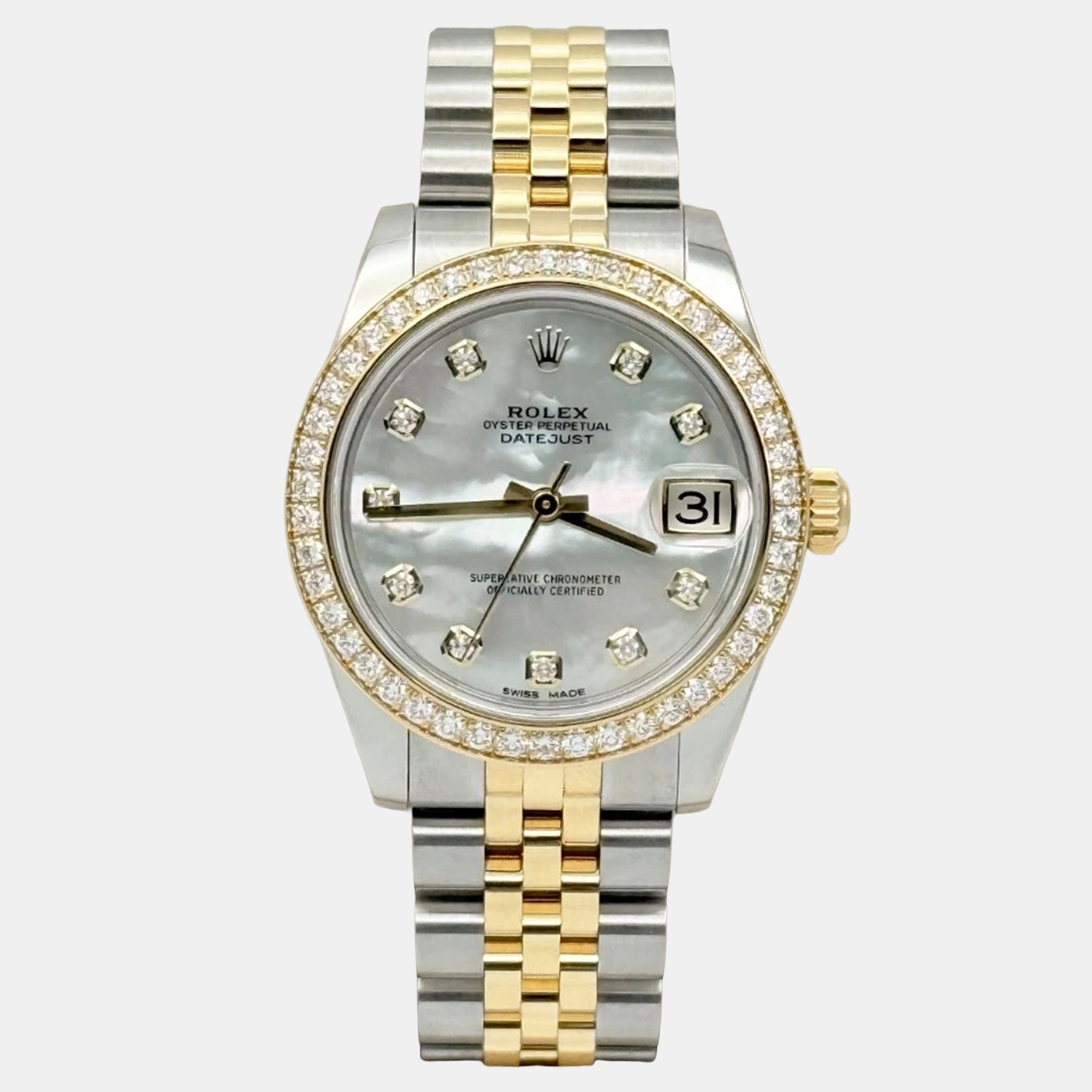 Rolex Datejust 178383 Automatic Mother Of Pearl Diamond 18k Yellow Gold Stainless Steel Men's Wristwatch 31 mm, Silver 
Rolex Datejust 178383 Automatic Mother Of Pearl Diamond 18k Yellow Gold Stainless Steel Men's Wristwatch 31 mm, Silver