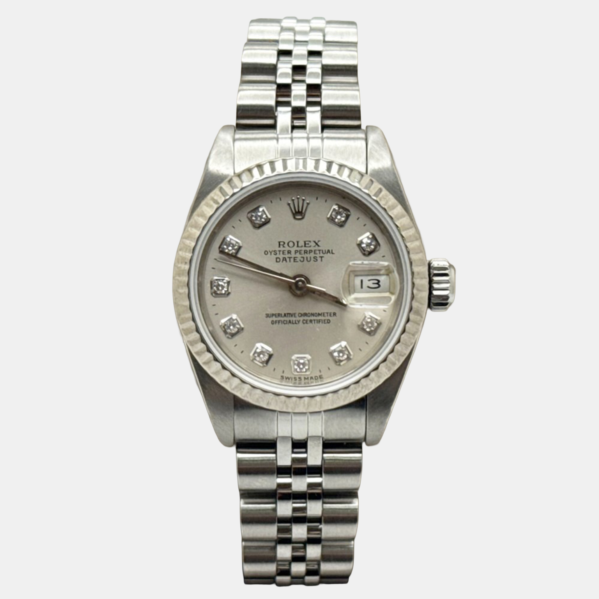 Rolex President Datejust 69174 Automatic Silver Diamond Stainless Steel 18k White Gold Men's Wristwatch 26 mm
Rolex President Datejust 69174 Automatic Silver Diamond Stainless Steel 18k White Gold Men's Wristwatch 26 mm