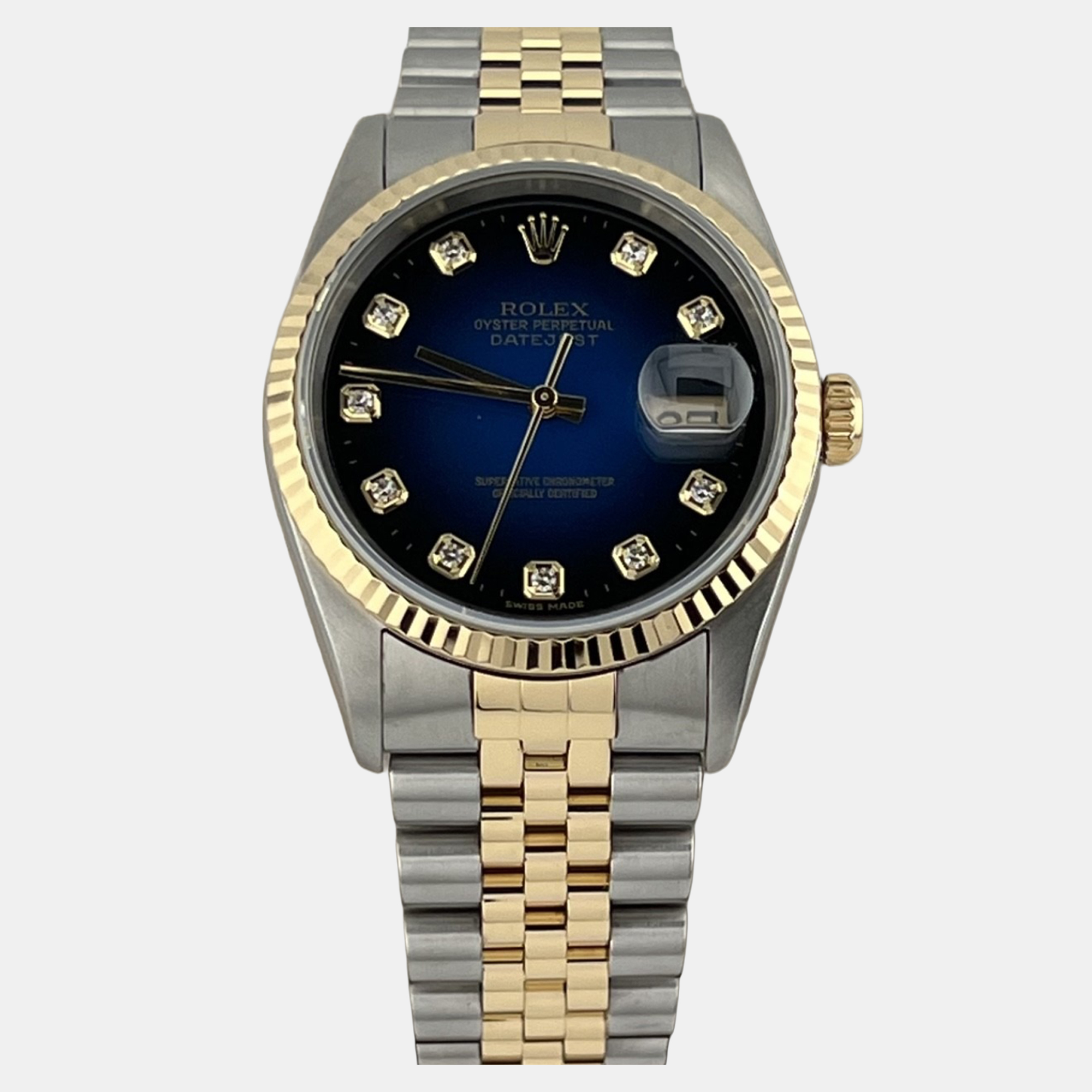 Rolex Datejust 16233 Automatic Blue Vignette Diamond Dial Stainless Steel 18k Yellow Gold Men's Wristwatch 36 mm
Rolex Datejust 16233 Automatic Blue Vignette Diamond Dial Stainless Steel 18k Yellow Gold Men's Wristwatch 36 mm