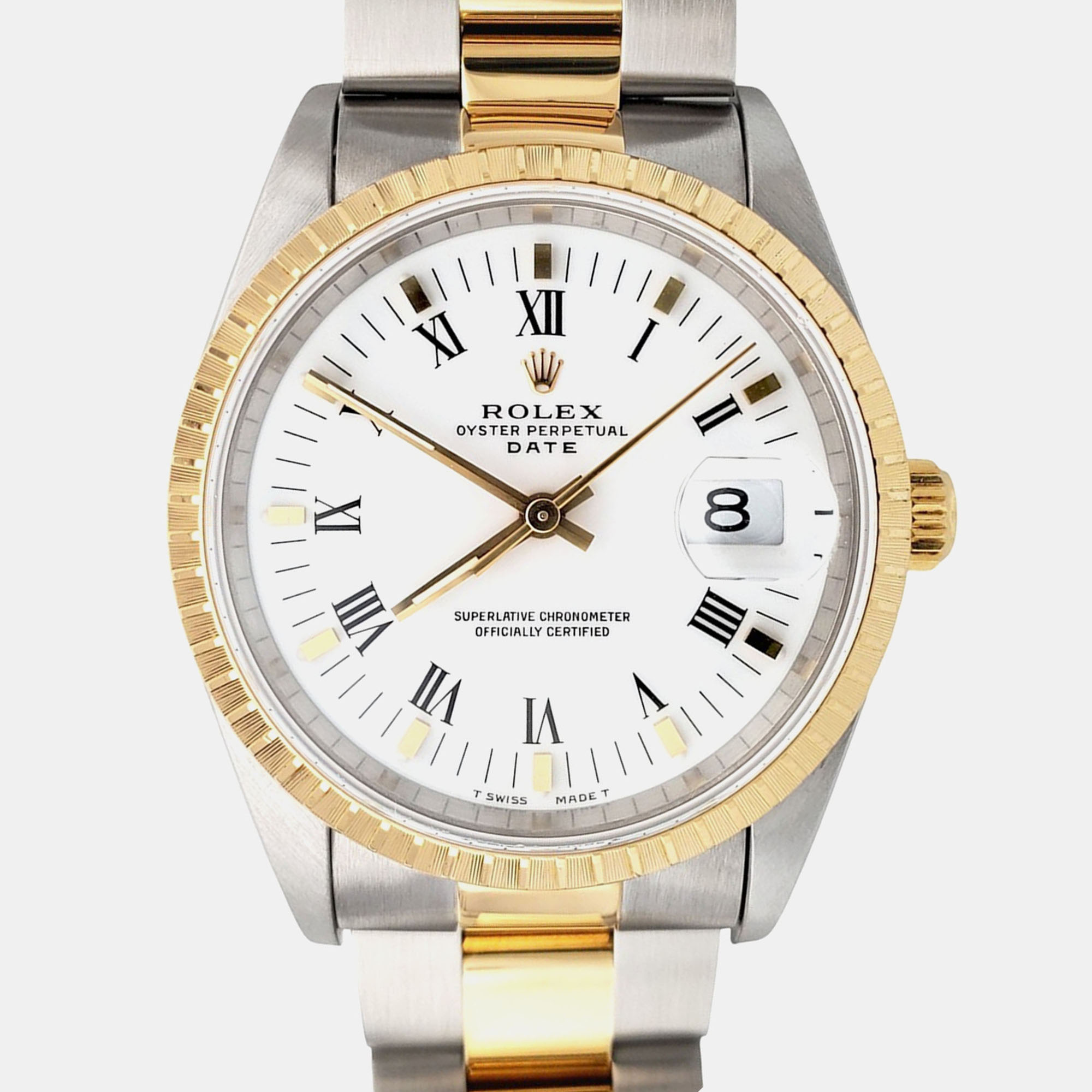 Rolex Oyster Perpetual Date 15223 Automatic White Roman Dial 18k Yellow Gold Stainless Steel Men's Wristwatch 34 mm
Rolex Oyster Perpetual Date 15223 Automatic White Roman Dial 18k Yellow Gold Stainless Steel Men's Wristwatch 34 mm