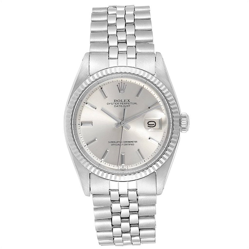 Rolex Silver 18K White Gold Stainless Steel Datejust 1601 Men's Wristwatch 36MM