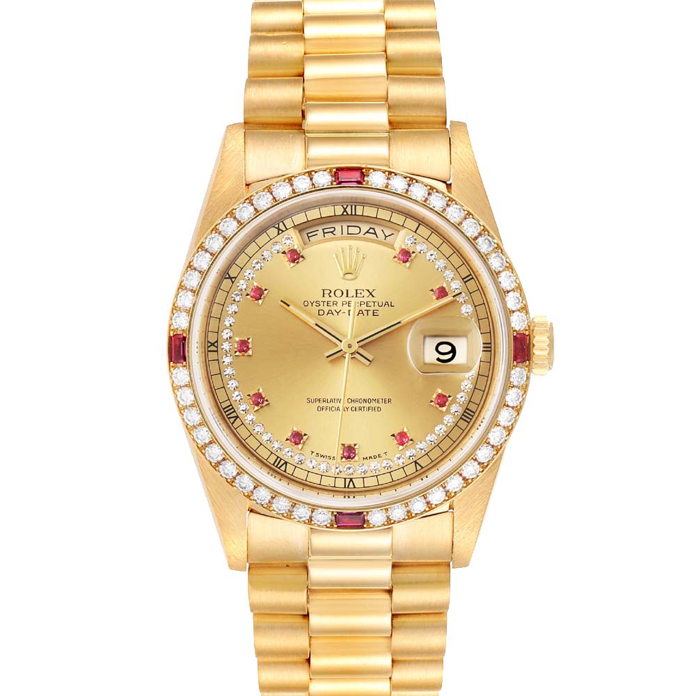 Rolex Champagne Diamonds And Ruby 18K Yellow Gold President Day-Date 18238 Men's Wristwatch 36 MM