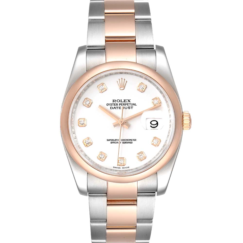 Rolex White Diamonds 18K Rose Gold And Stainless Steel Datejust 116201 Men's Wristwatch 36 MM