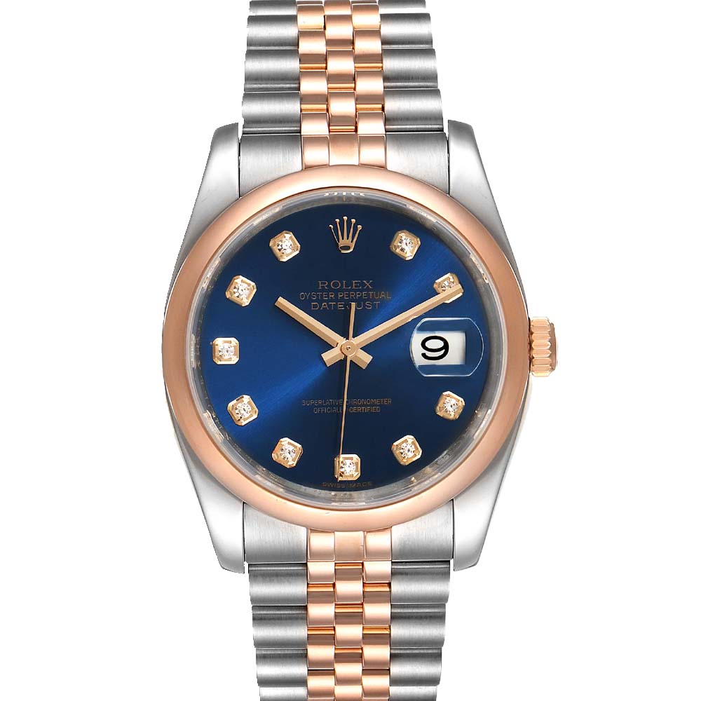 Rolex Blue Diamonds 18K Rose Gold And Stainless Steel Datejust 116201 Men's Wristwatch 36 MM