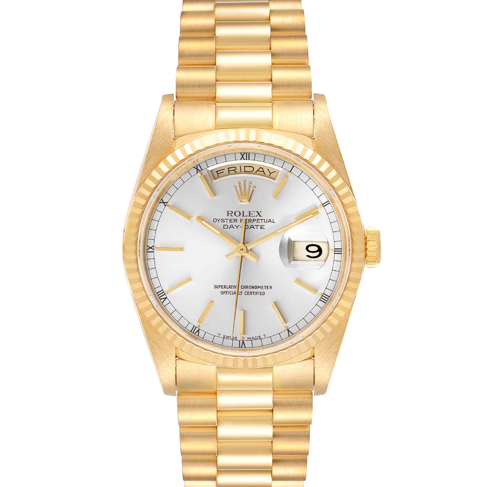 Rolex Silver 18K Yellow Gold President Day-Date 18238 Men's Wristwatch 36 MM