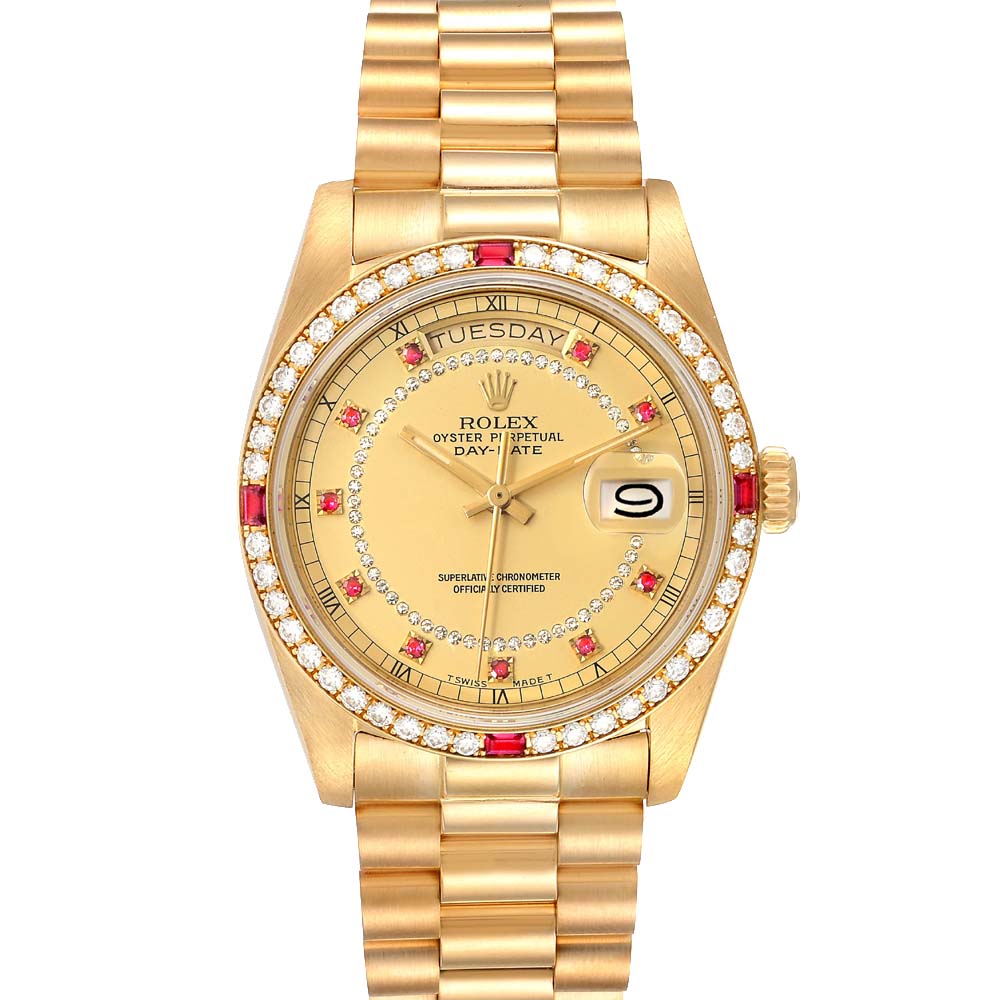 Rolex Champagne Diamonds And Ruby 18K Yellow Gold President Day Date 18148 Men's Wristwatch 36 MM