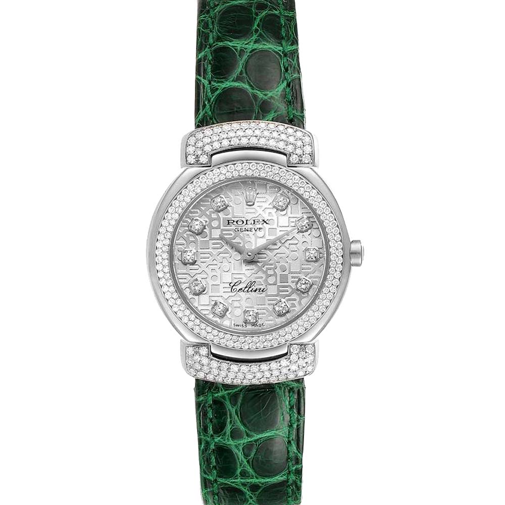 Rolex Silver Diamonds 18K White Gold Cellini Cellissima 6673 Men's Wristwatch 26 MM