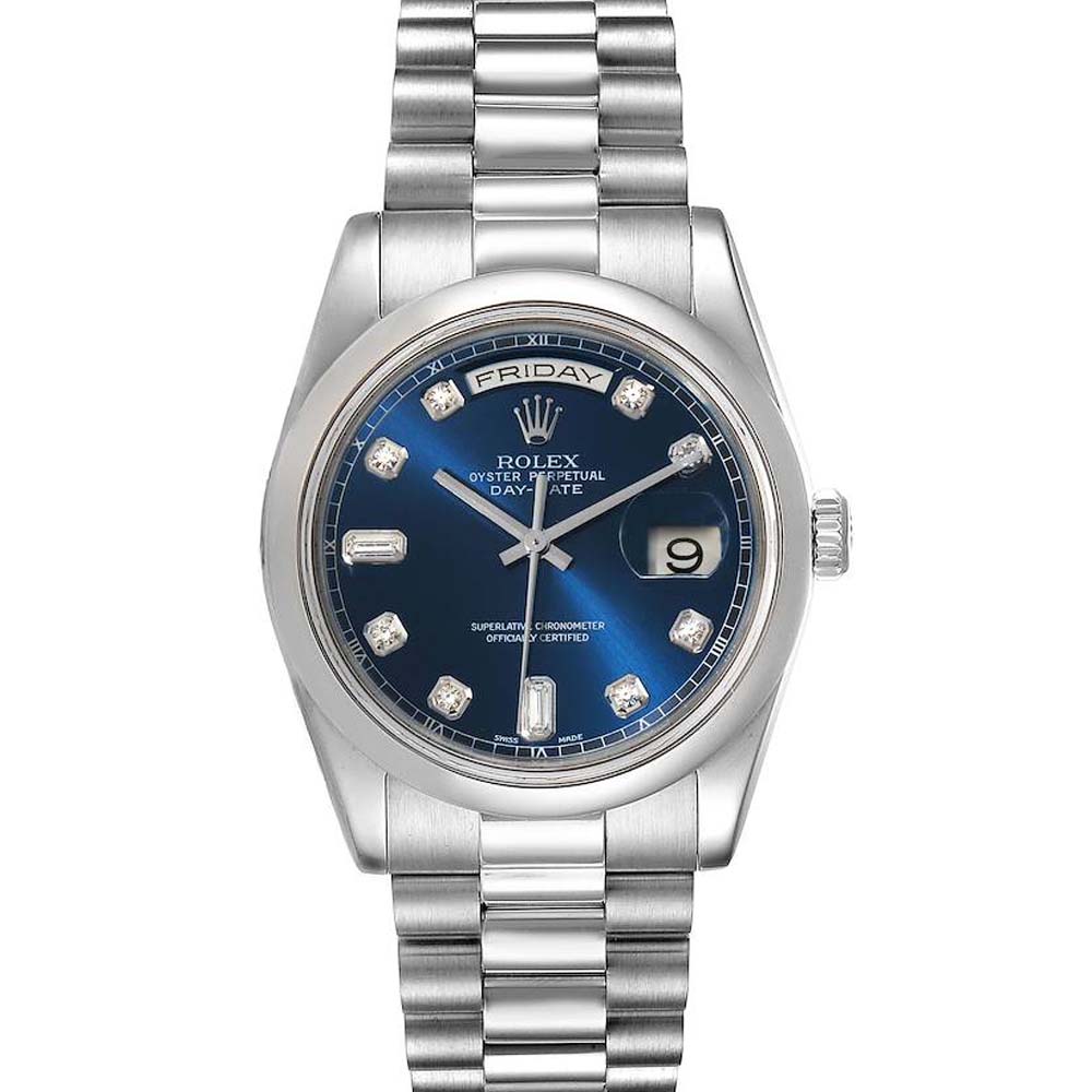 Rolex Blue Diamonds Platinum President Day-Date 118206 Men's Wristwatch 36 MM