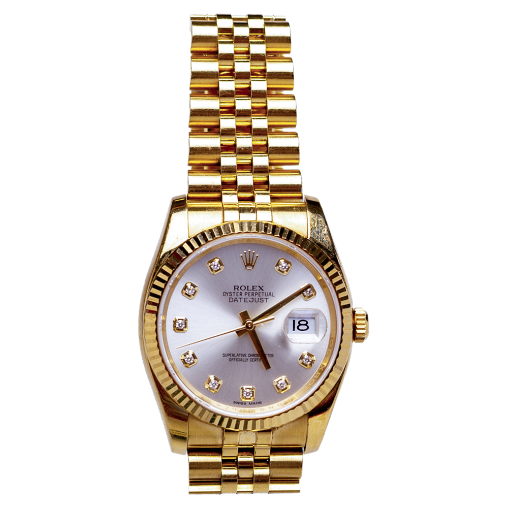 Rolex Silver Diamonds 18K Yellow Gold Datejust Men's Wristwatch 36 MM
