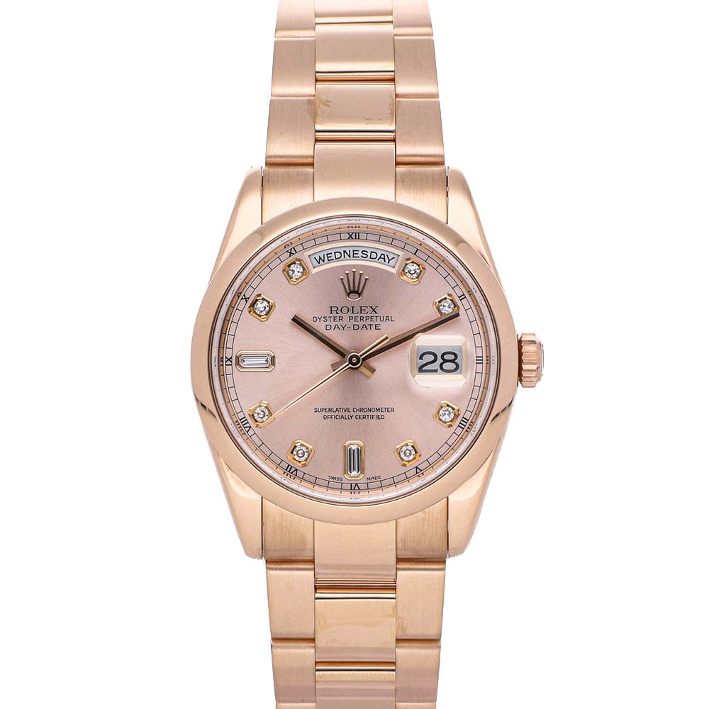 Rolex Salmon Diamonds 18K Rose Gold Day-Date 118205 Men's Wristwatch 36 MM
