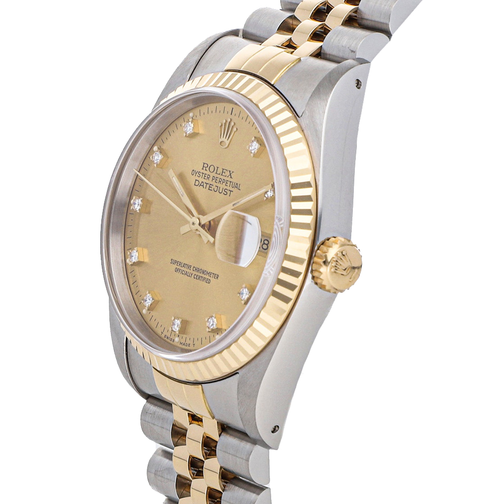 Rolex Champagne Diamonds 18K Yellow Gold And Stainless Steel Datejust 16233 Men's Wristwatch 36 MM
Rolex Champagne Diamonds 18K Yellow Gold And Stainless Steel Datejust 16233 Men's Wristwatch 36 MM