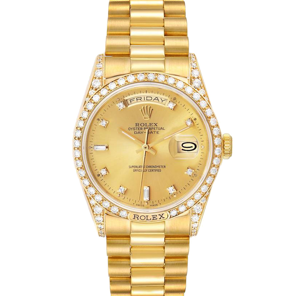 Rolex Champagne Diamonds 18K Yellow Gold President Day-Date 18388 Men's Wristwatch 36 MM