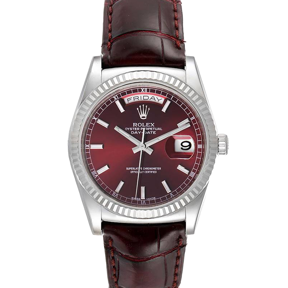 Rolex Burgundy 18K White Gold President Day-Date 118139 Men's Wristwatch 36 MM