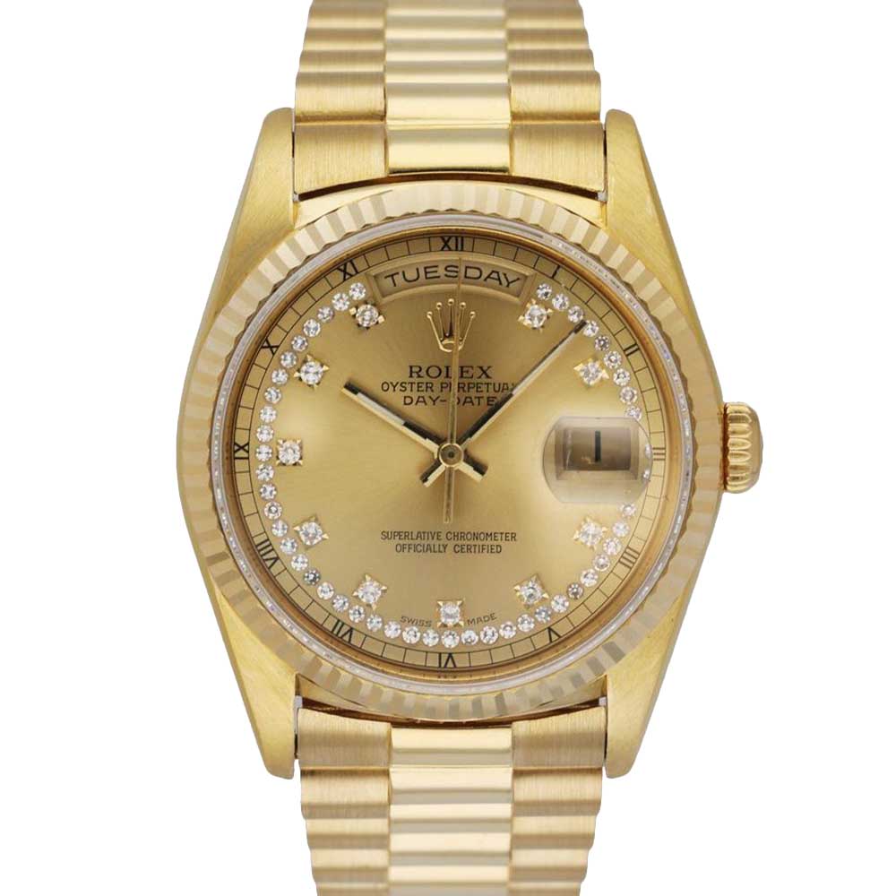 Rolex Champagne Diamonds 18K Yellow Gold President Day Date 18238 Vintage Men's Wristwatch 36 MM