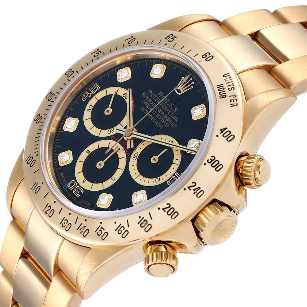 Rolex Diamonds 18k Yellow Gold Daytona 16528 Men's Wristwatch 40 MM, Black
Rolex Diamonds 18k Yellow Gold Daytona 16528 Men's Wristwatch 40 MM, Black