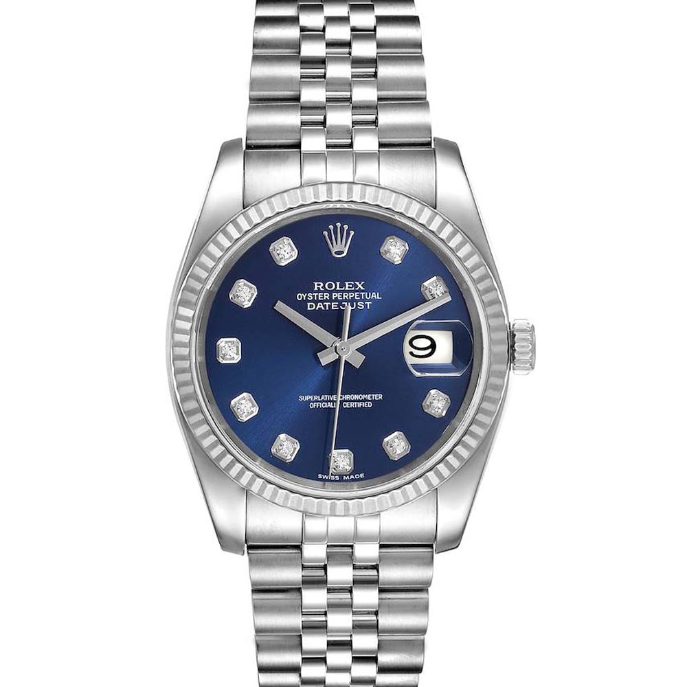 Rolex Blue Diamonds 18K White Gold And Stainless Steel Datejust 116234 Men's Wristwatch 36 MM