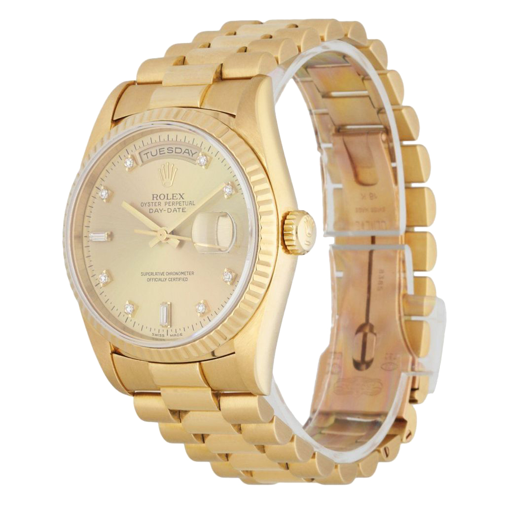 Rolex Champagne Diamonds 18K Yellow Gold Day Date President 18238 Men's Wristwatch 36 MM
Rolex Champagne Diamonds 18K Yellow Gold Day Date President 18238 Men's Wristwatch 36 MM
