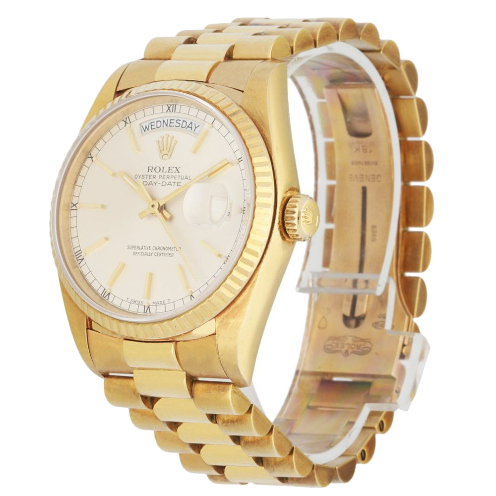Rolex Silver 18k Yellow Gold Day Date President 18038 Men's Wristwatch 36 MM
Rolex Silver 18k Yellow Gold Day Date President 18038 Men's Wristwatch 36 MM