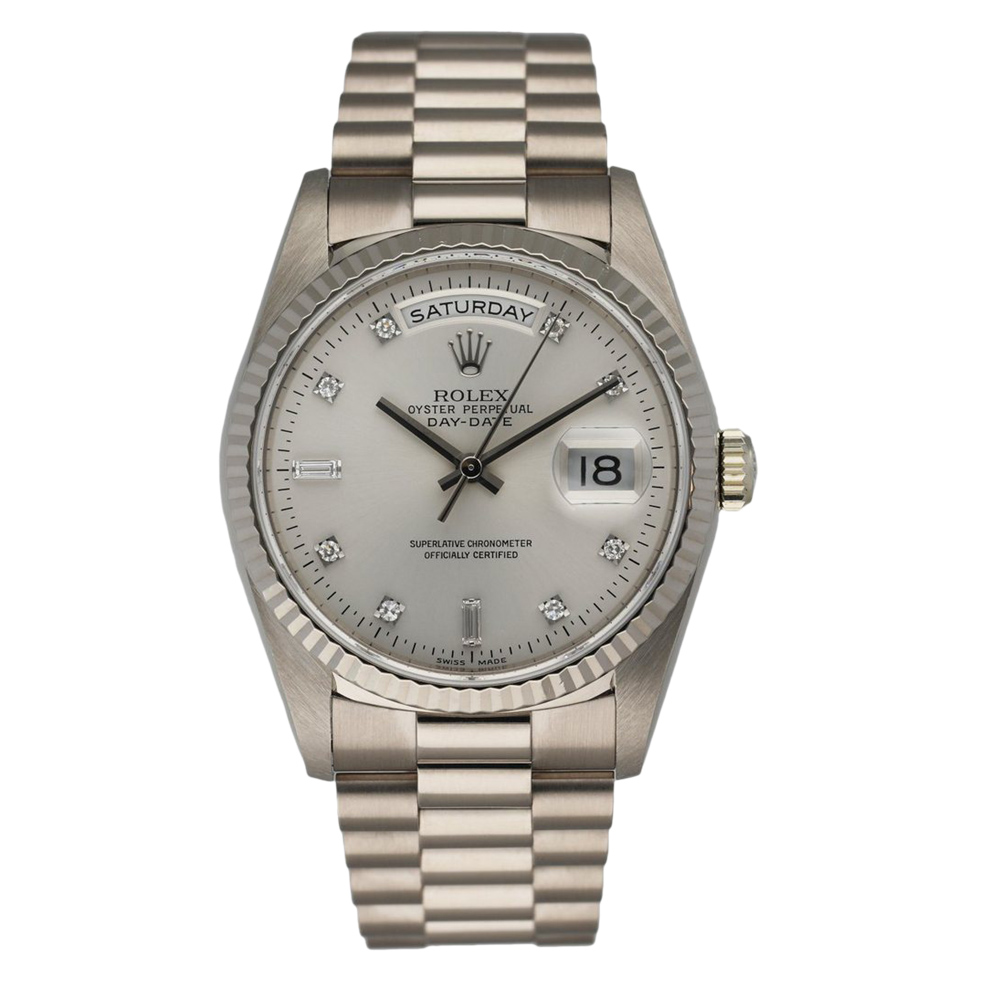 Rolex Silver 18K White Gold Diamond Day-Date 18239 Men's Wristwatch 36MM