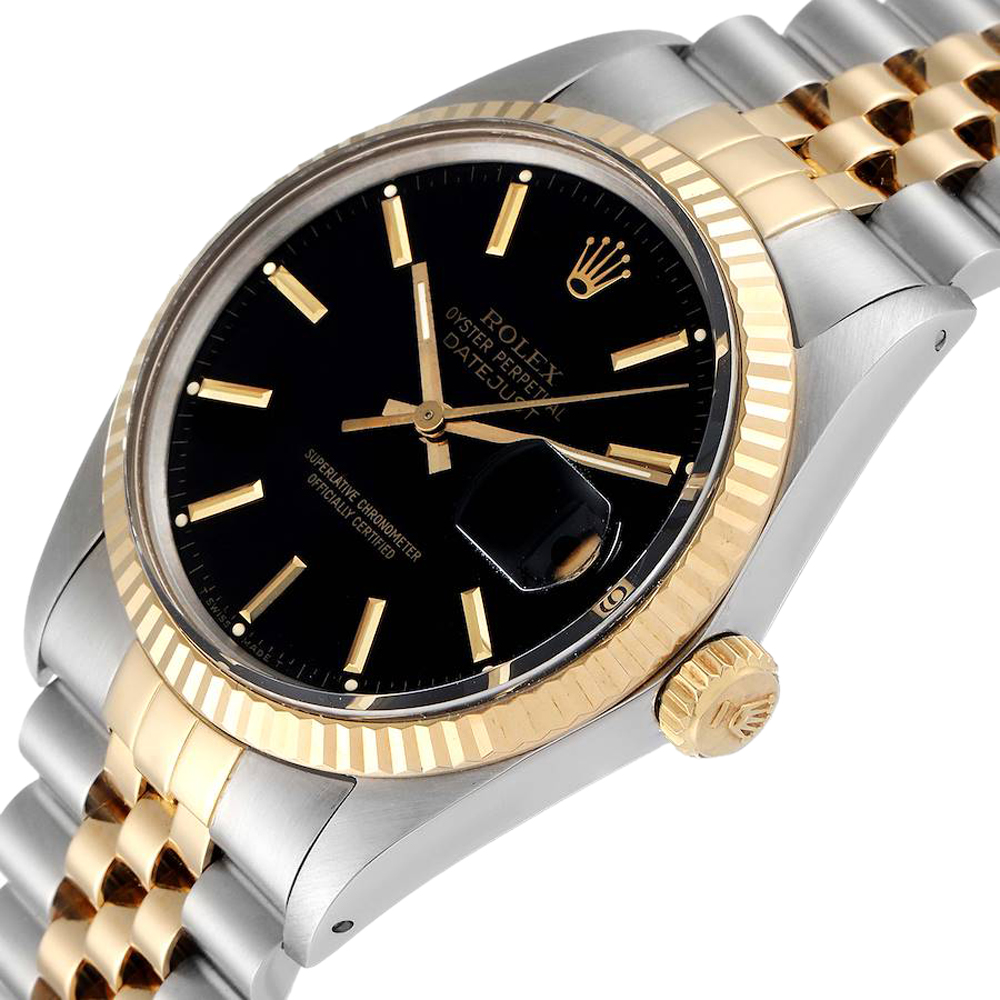 Rolex Black 18k Yellow Gold And Stainless Steel Datejust 16013 Vintage Men's Wristwatch 36 MM
Rolex Black 18k Yellow Gold And Stainless Steel Datejust 16013 Vintage Men's Wristwatch 36 MM