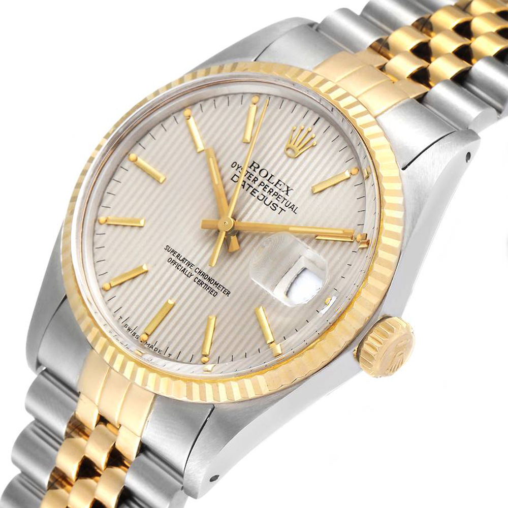 Rolex Silver 18K Yellow Gold Stainless Steel Datejust Tapestry Vintage Men's Wristwatch
Rolex Silver 18K Yellow Gold Stainless Steel Datejust Tapestry Vintage Men's Wristwatch