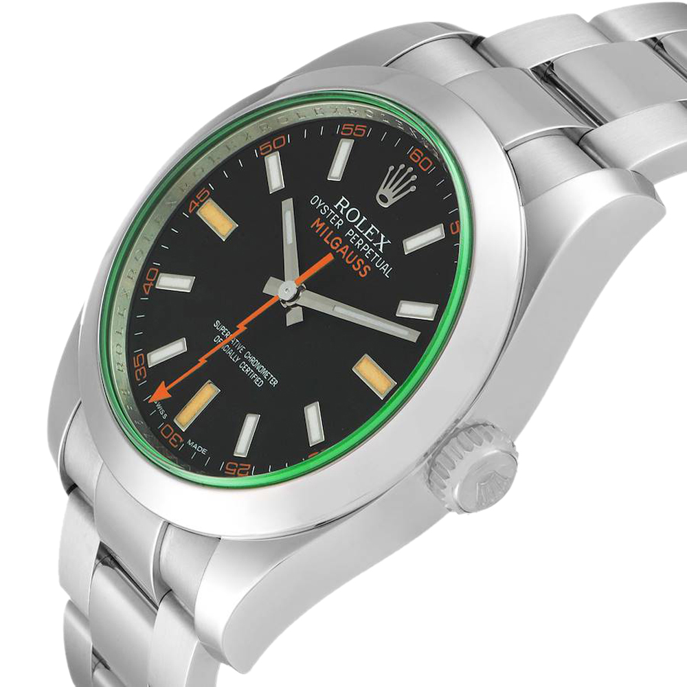 Rolex Black Stainless Steel Milgauss Green Crystal 116400V Men's Wristwatch
Rolex Black Stainless Steel Milgauss Green Crystal 116400V Men's Wristwatch